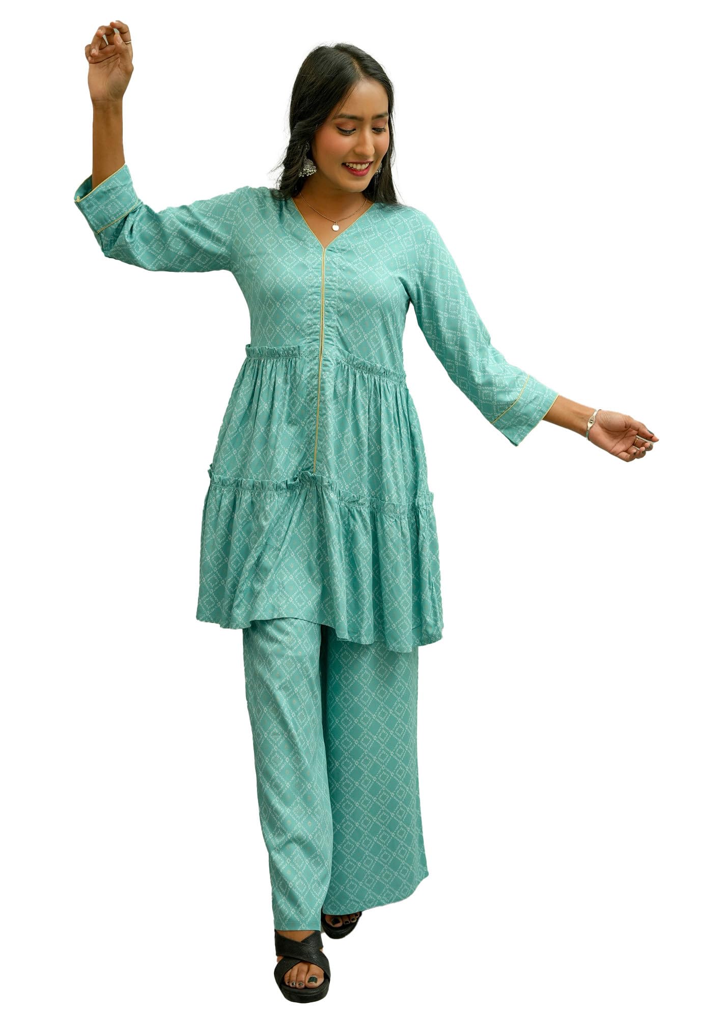 Go Boujee Lifestyle Cotton V Neck Womens Co-ord Set | Blue Turquoise