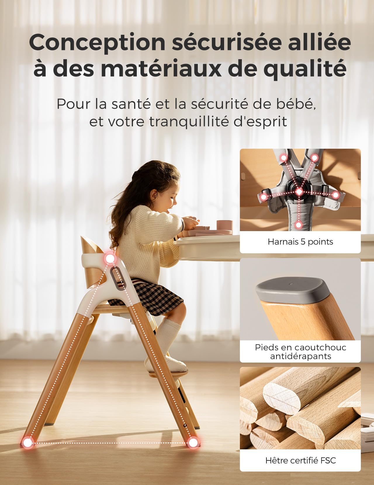 Momcozy Chaise Haute Bébé, Bois Naturel, Réglable, Convertible, Plateau | Lavable, Ergonomique, Lave-Vaisselle, Qualité Alimentaire, Repas, Sécurité, Voyage, Cadeau