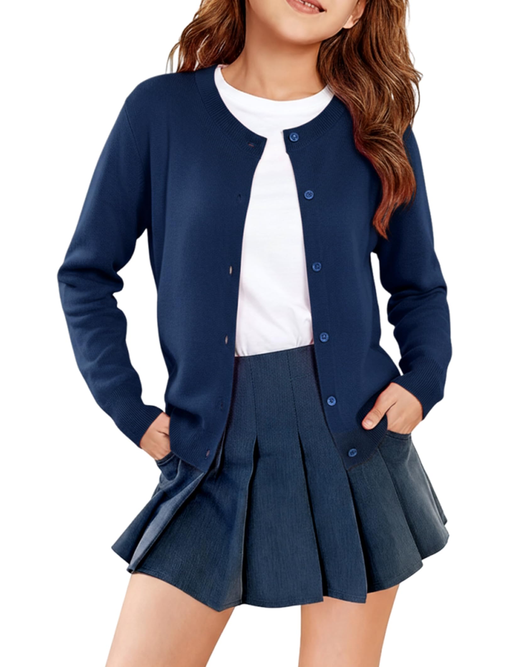 PATPAT Girls Cardigan Sweater Size 4-12 Years Long Sleeve Cotton Knit Crewneck Button School Uniform Kids Casual Cute