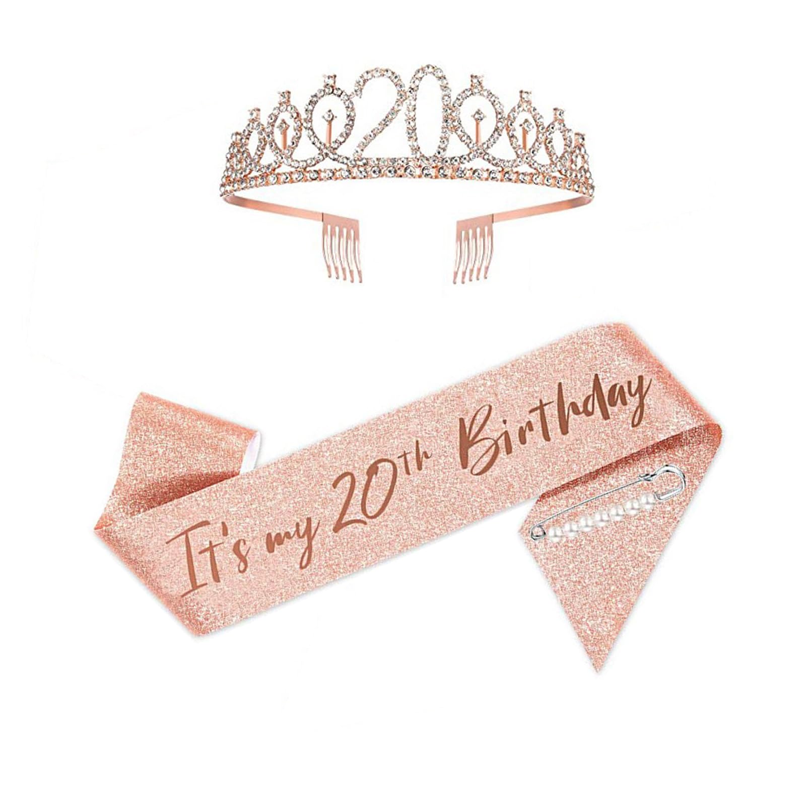 Verjaardag sjerp en strass tiara voor meisjes - satijnen sjerp met rosé