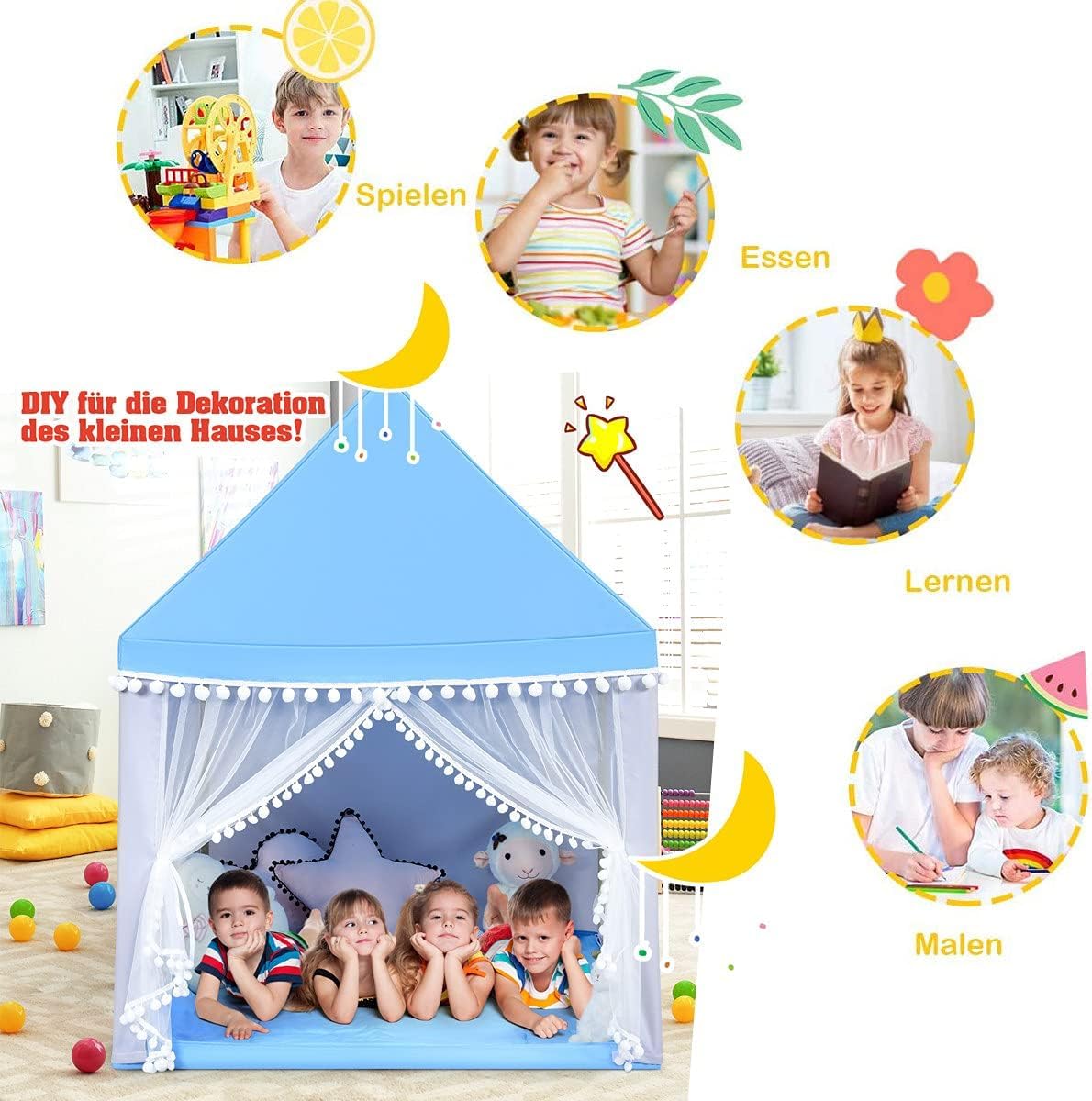 RELAX4LIFE Kinderspielzelt für Jungen & Mädchen, Spielhaus Prinzessin Prinzess, Kinderzelt mit Fenster & Matte, Spielzelt Kinder, für Indoor & Outdoor, 105 x 120 x 140 cm, Geschenk für Kinder (Blau)