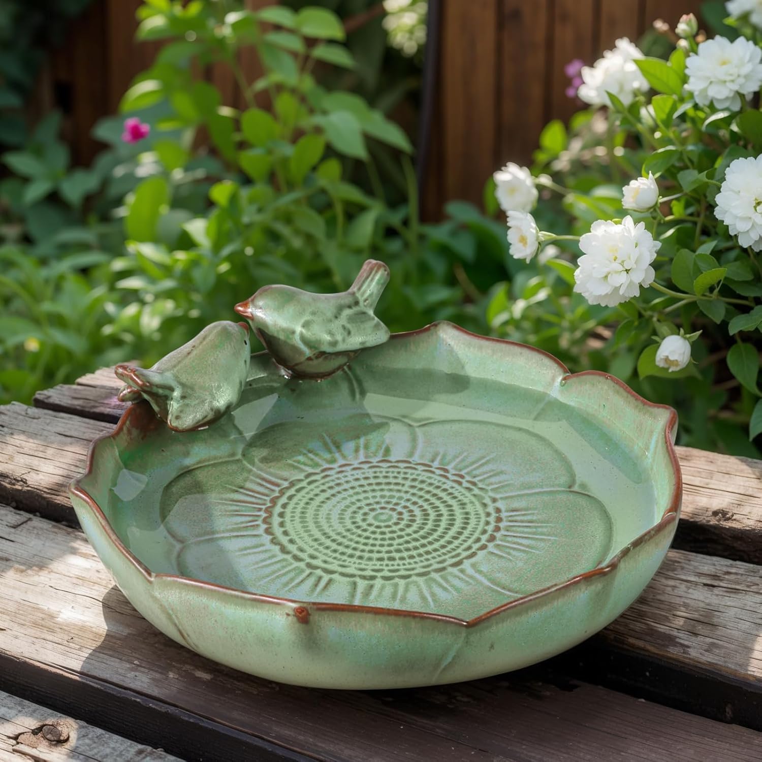 Grüne Keramik-Vogeltränke 24,9 cm, robuste Wasserschale für Vögel, Dekoration für Garten, Terrasse und Balkon