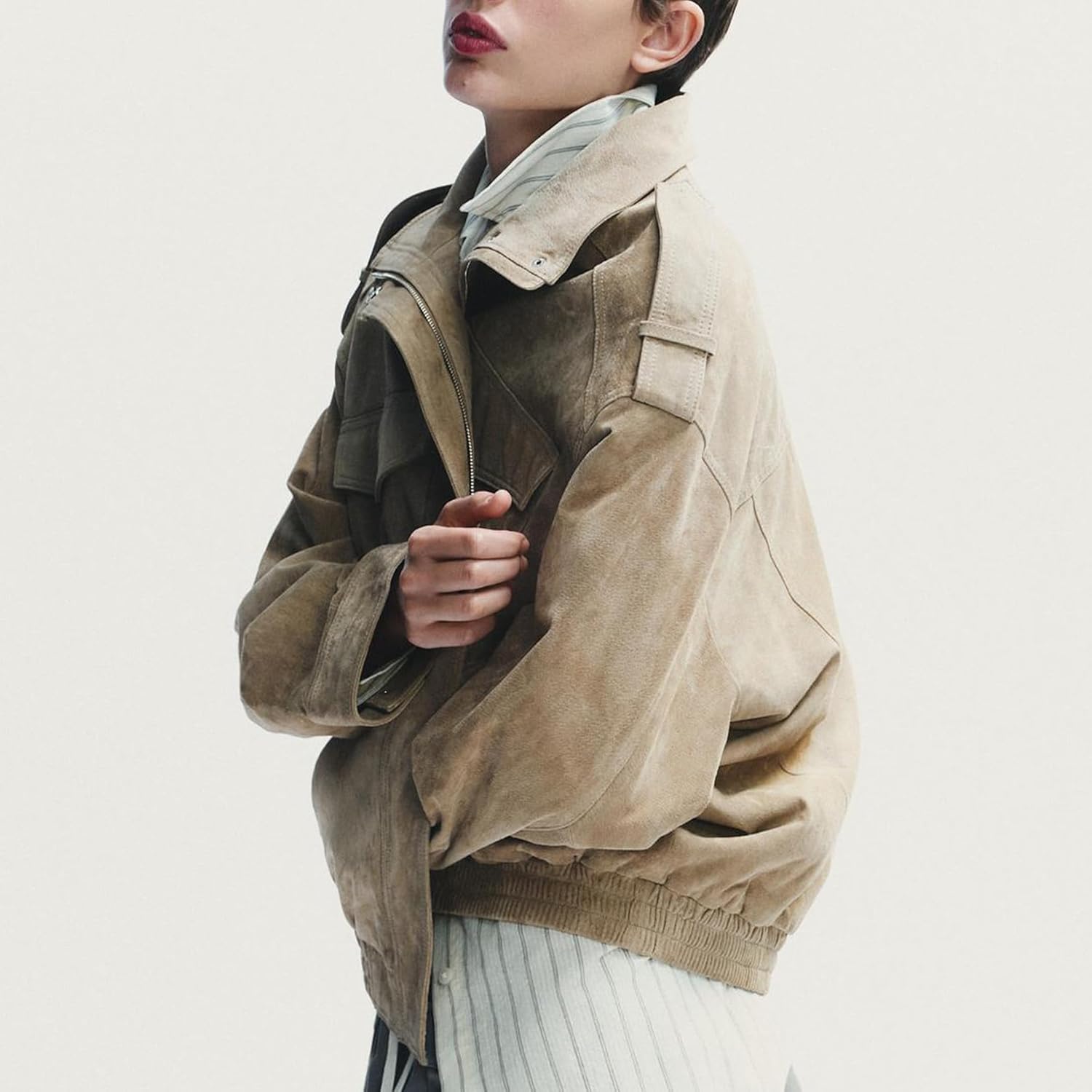 Womens Faux Suede Leather Jackets Zipper Lapel Long Sleeve Bomber Jackets Oversized Blazer Going Out Outwear(Khaki,S) - Image 7