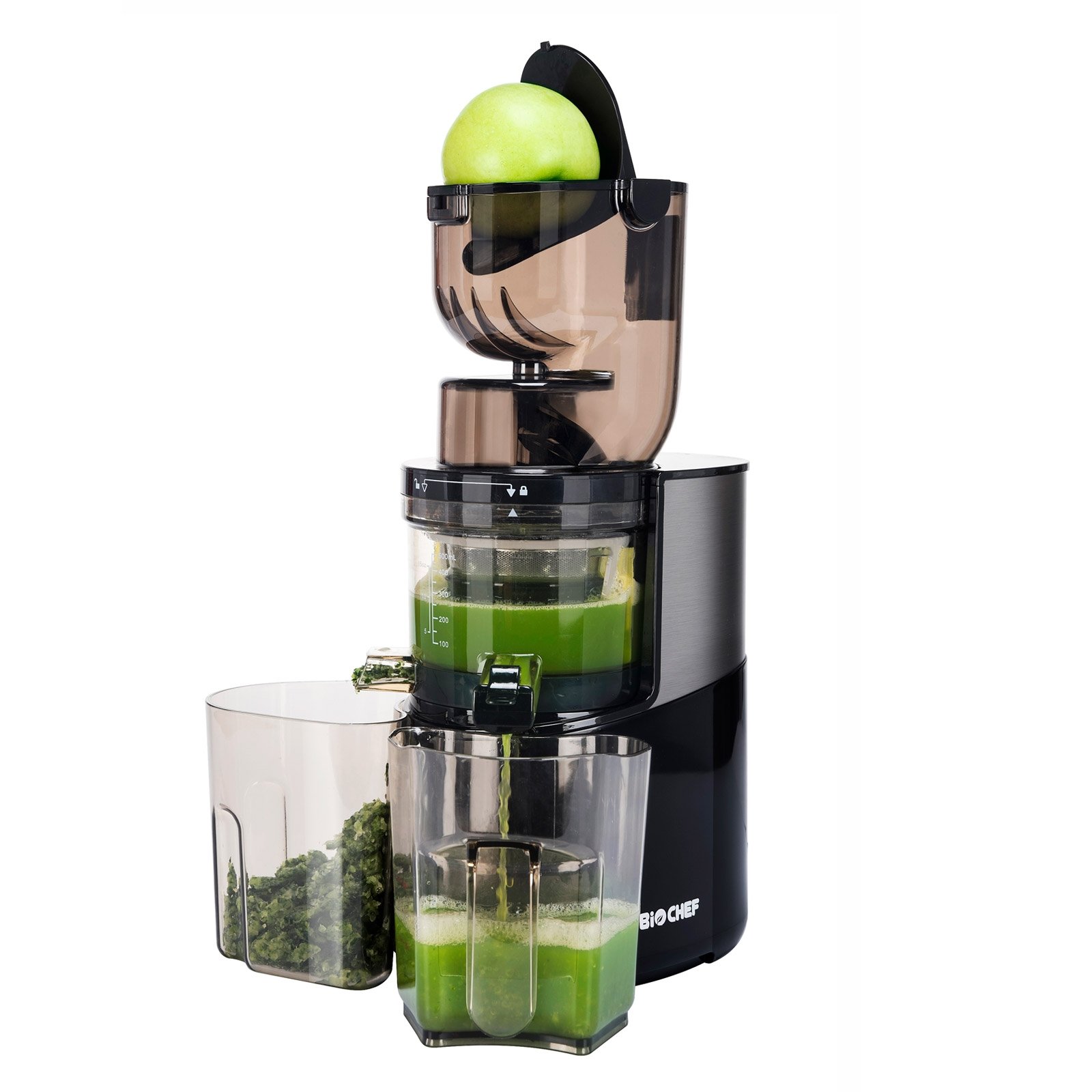BioChef Altas spremiagrumi Whole Slow Juicer Pro – Motore ultra potente, facile spremitura di frutta e verdura con vano di riempimento XXL, parti adatte alla lavastoviglie, colore nero