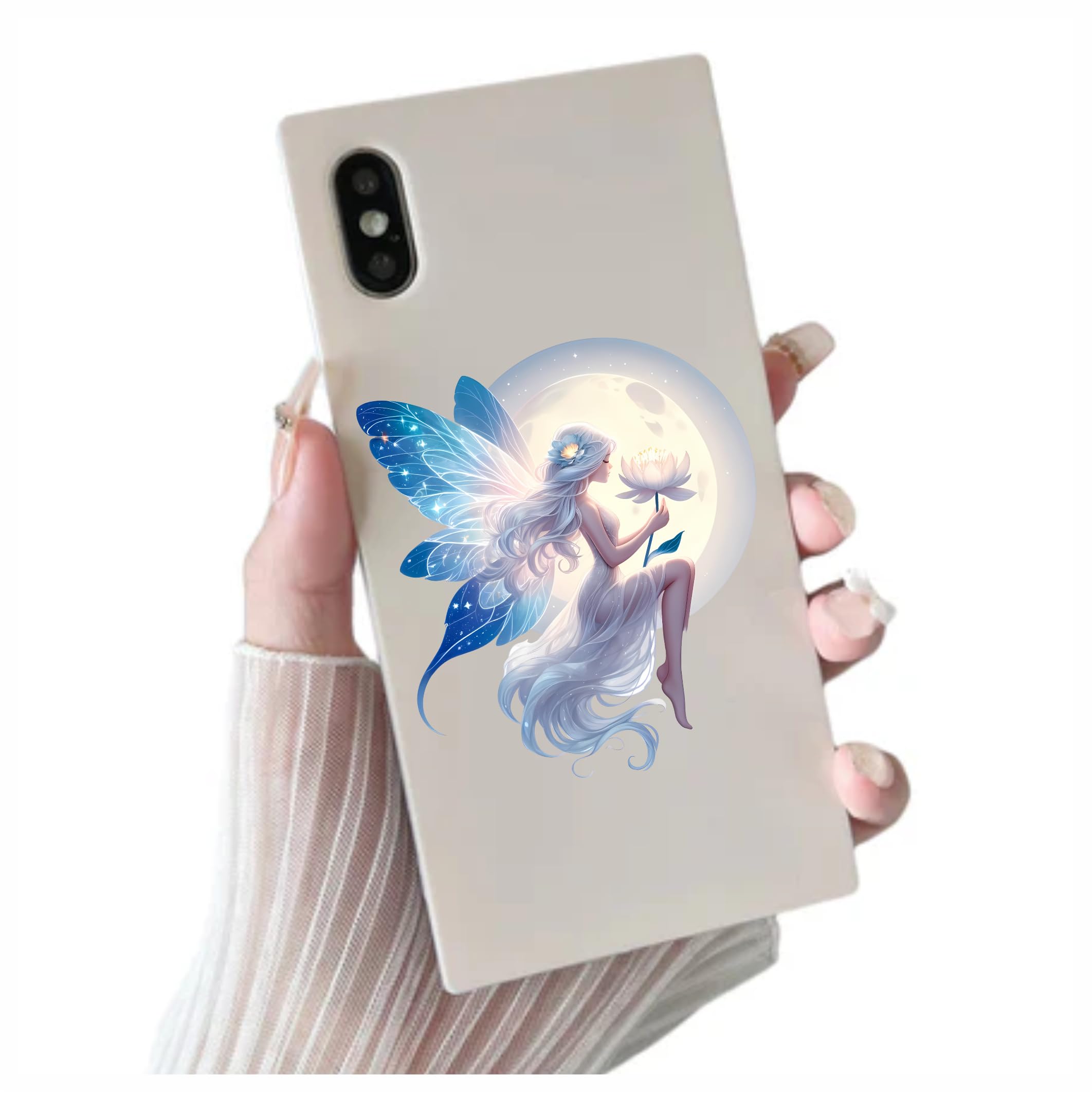 x4 White Fairy Holding Flower in The Moon Vinyl Stickers Non Transparent Fairies Art Decals 1@ 20cm for Toilet/Laptop and 3@ 7cm for Phone case Cups etc Cover Marks (Flower White) - Image 3