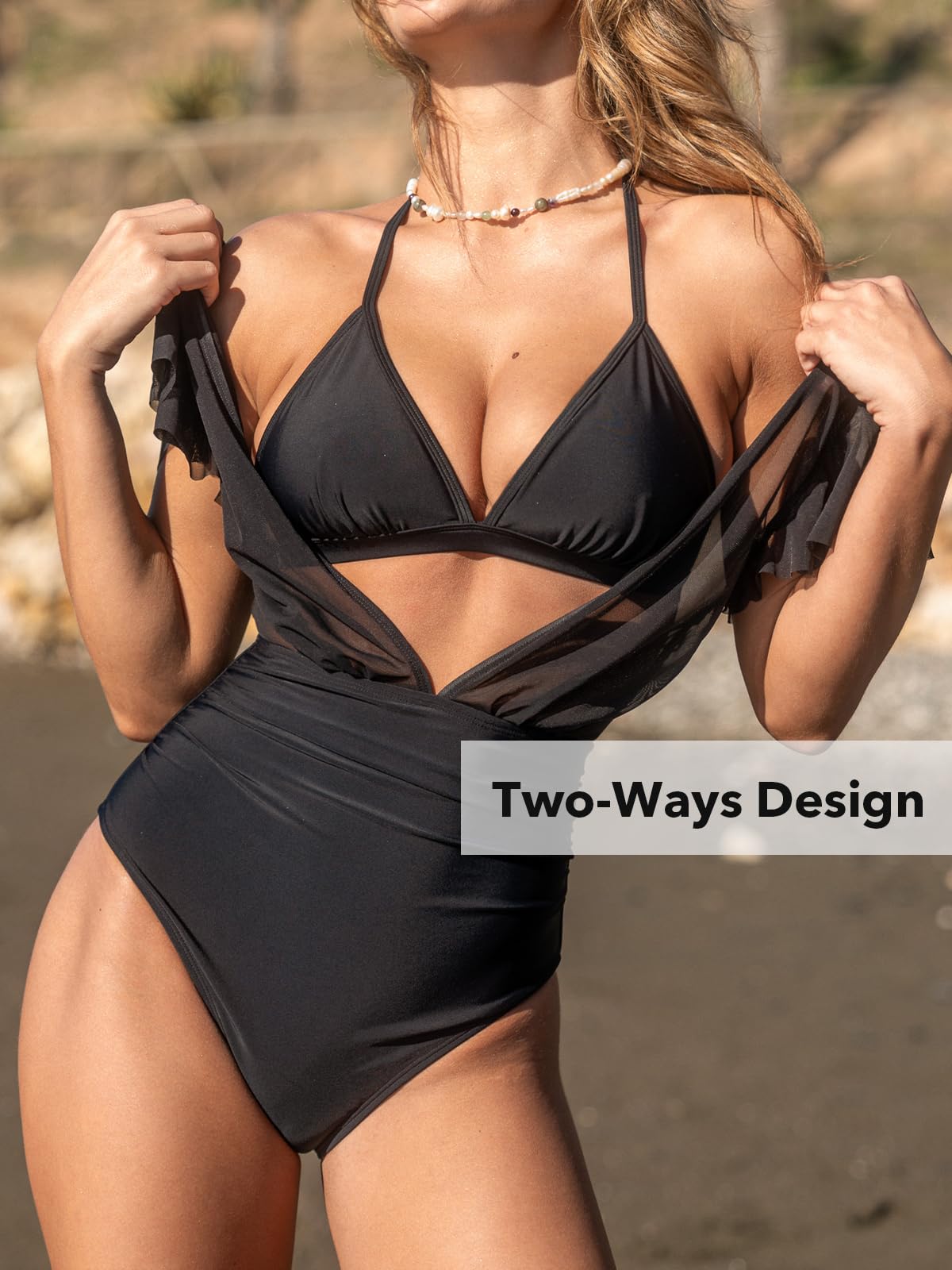 CUPSHE Maillot de bain une pièce pour femme - Dos nu - Triangle - Col en V - Manches courtes - En maille à volants