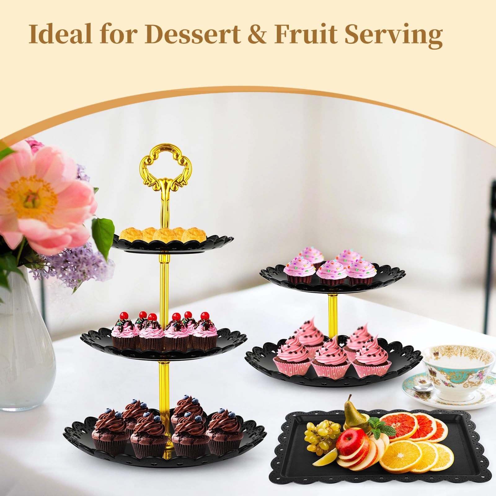 Set di 9 espositori da dessert da tavola, 3 supporti per cupcake a 3 livelli e 6 vassoi quadrati da dessert, eleganti vassoi per frutta per compleanni, matrimoni, tea party, Halloween