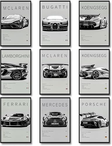 dazongweihan 9 pósteres de súper auto para habitación de niños, arte de pared de automóvil de carreras para hombres y hombres, decoración de pared