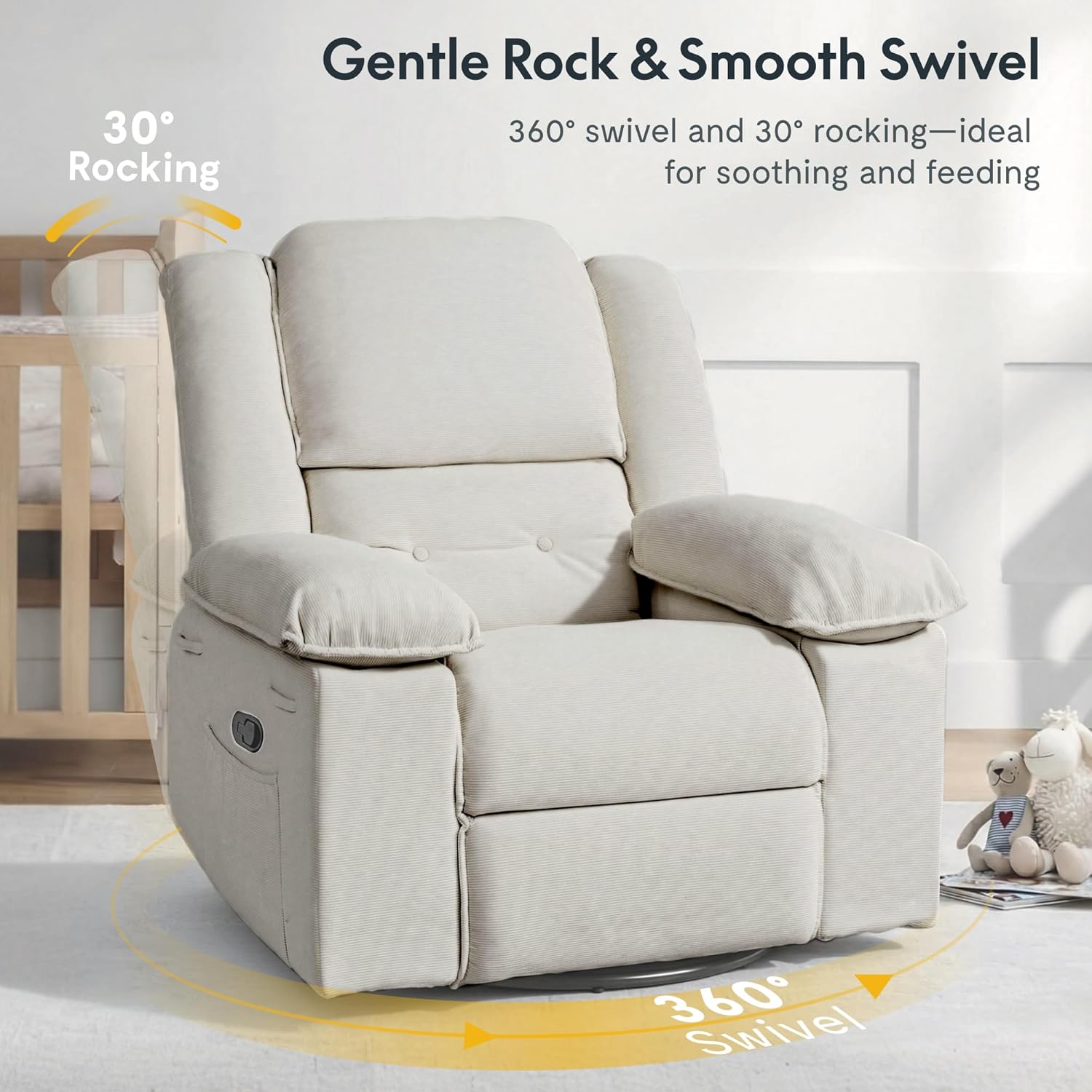 Softa Swivel Rocker Recliner for Adults, Manual Reclining Chair with Massage & Heat, Side Pocket, Compact Nursery Glider Recliner for Living Room, Bedroom or Apartment, Light Grey