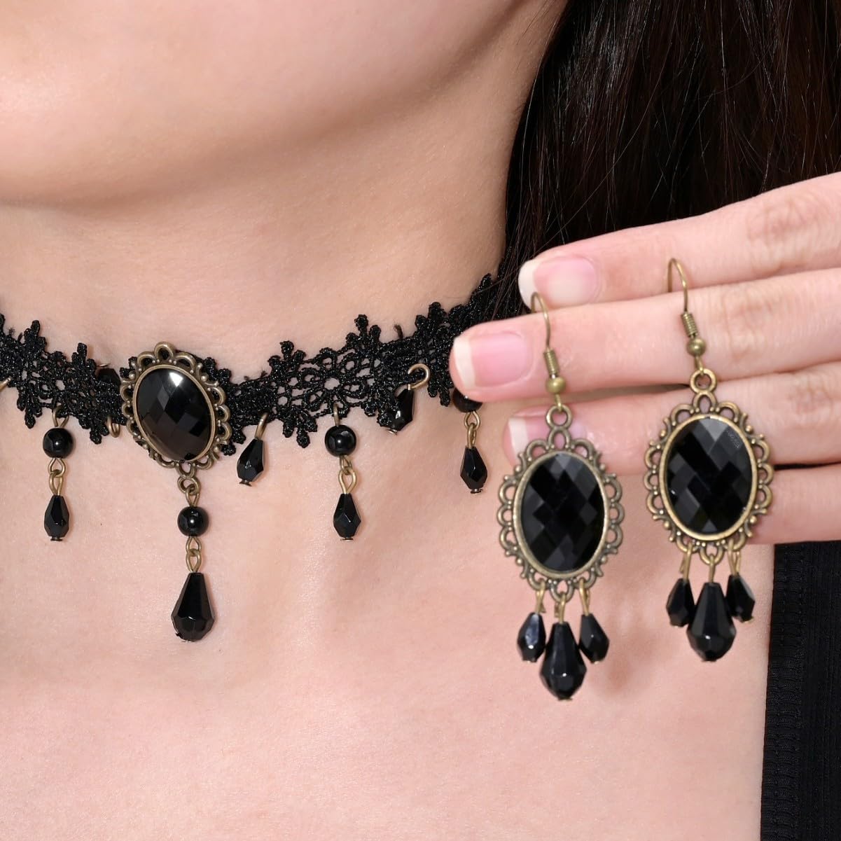 Gothic Vampire Jewelry Set for Women Victorian Black Lace Choker Dangle Earrings Halloween Mystic Witch Pirate Costume Accessories - Image 3