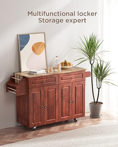 Miniatura 6 de Isla de cocina con encimera de hojas caídas, carrito de isla de cocina de madera con ruedas bloqueables con dos cajones grandes y dos armarios de