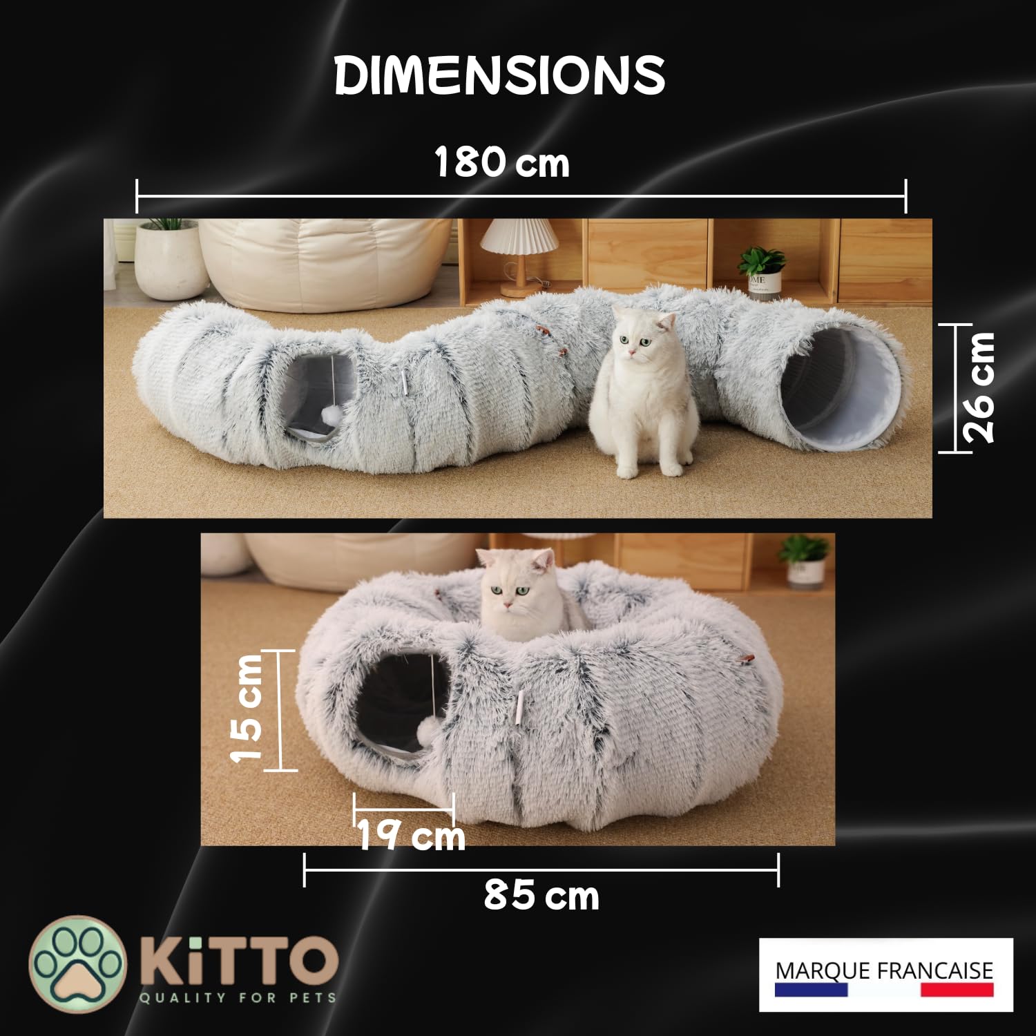 Kitto - Tunnel pour Chat - Panier Moelleux avec Coussin lit - Tunel Cat Jeu - Cabane, Niche - Tunnelle modulable - Rond -Convient pour Chat XXL, Petit Chien, Lapin, Furet - 12 Attaches en Bois