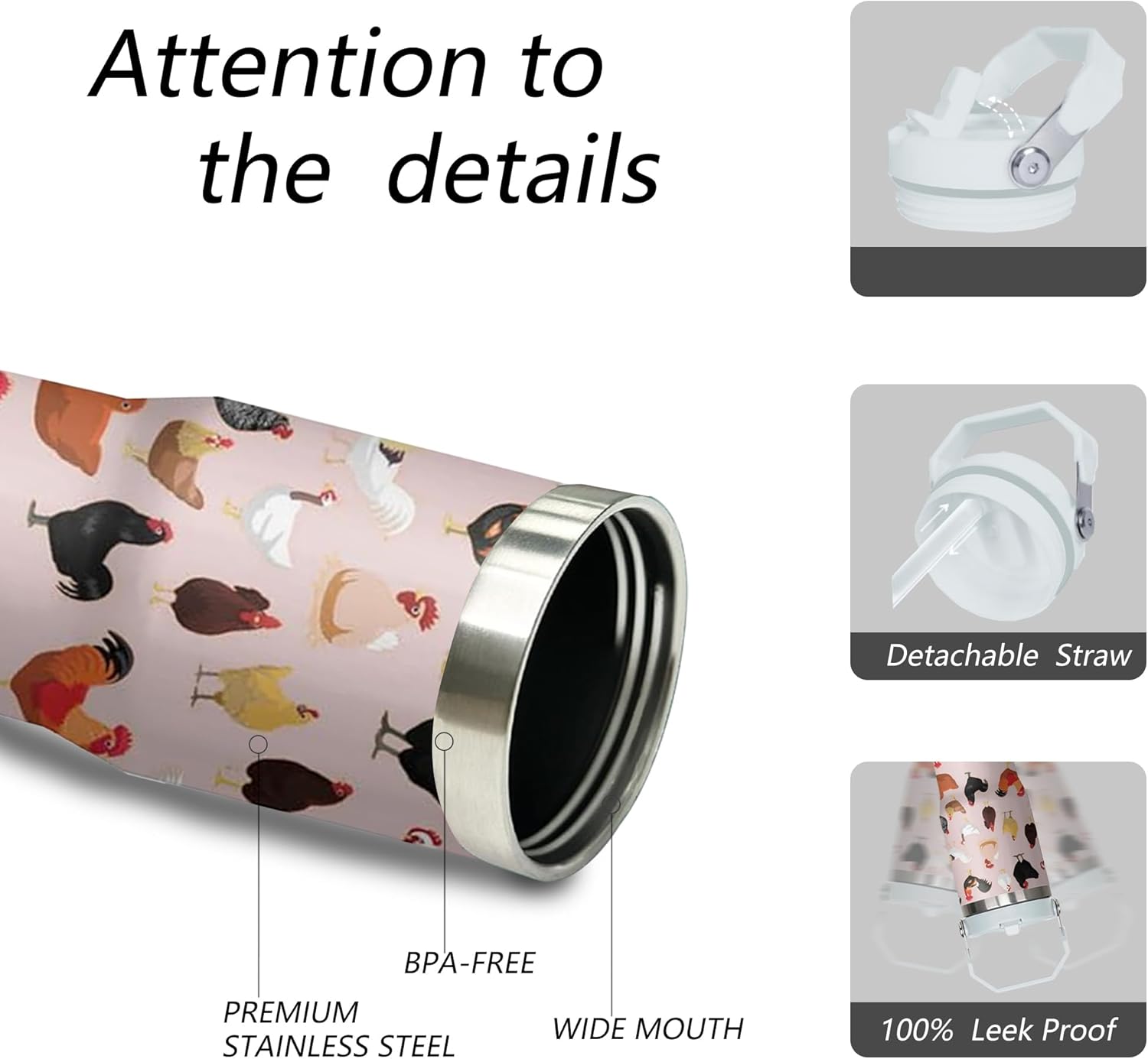 30 oz Chicken Tumbler with Handle and Flip Straw, Stainless Steel Double Insulated Cup with Lid and Straw, Travel Coffee Mug Water Bottle,Christmas Birthday Mothers Day Gifts for Women Animal Lovers - Image 3