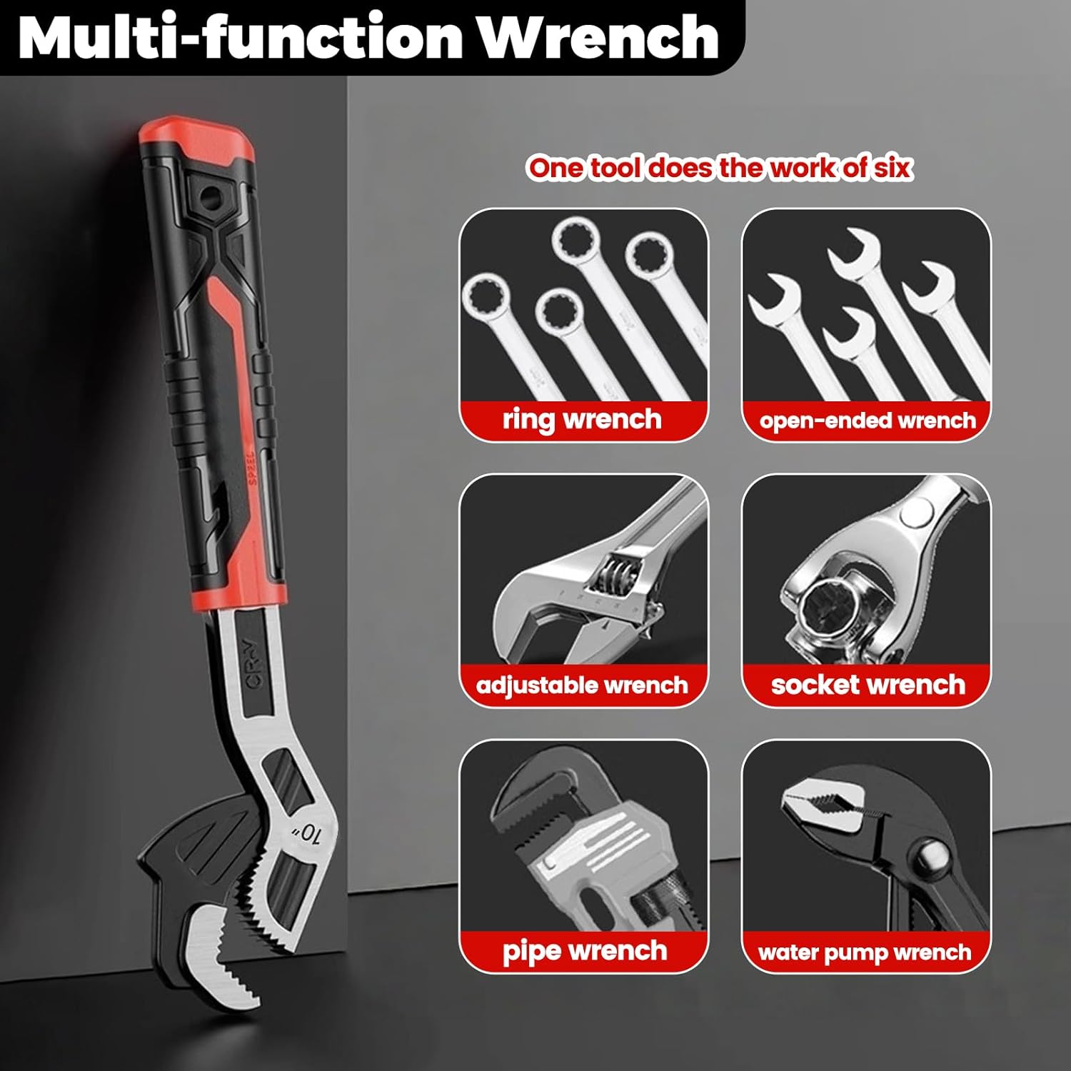 6” 8” 10” Multi-function Self-locking Pipe Wrench Set, Chromium Vanadium Steel,Plumbers Wrench with Self Tightening Function for 9/32”-1 3/8” (7-35mm) Pipe Fittings and Nuts (1set)