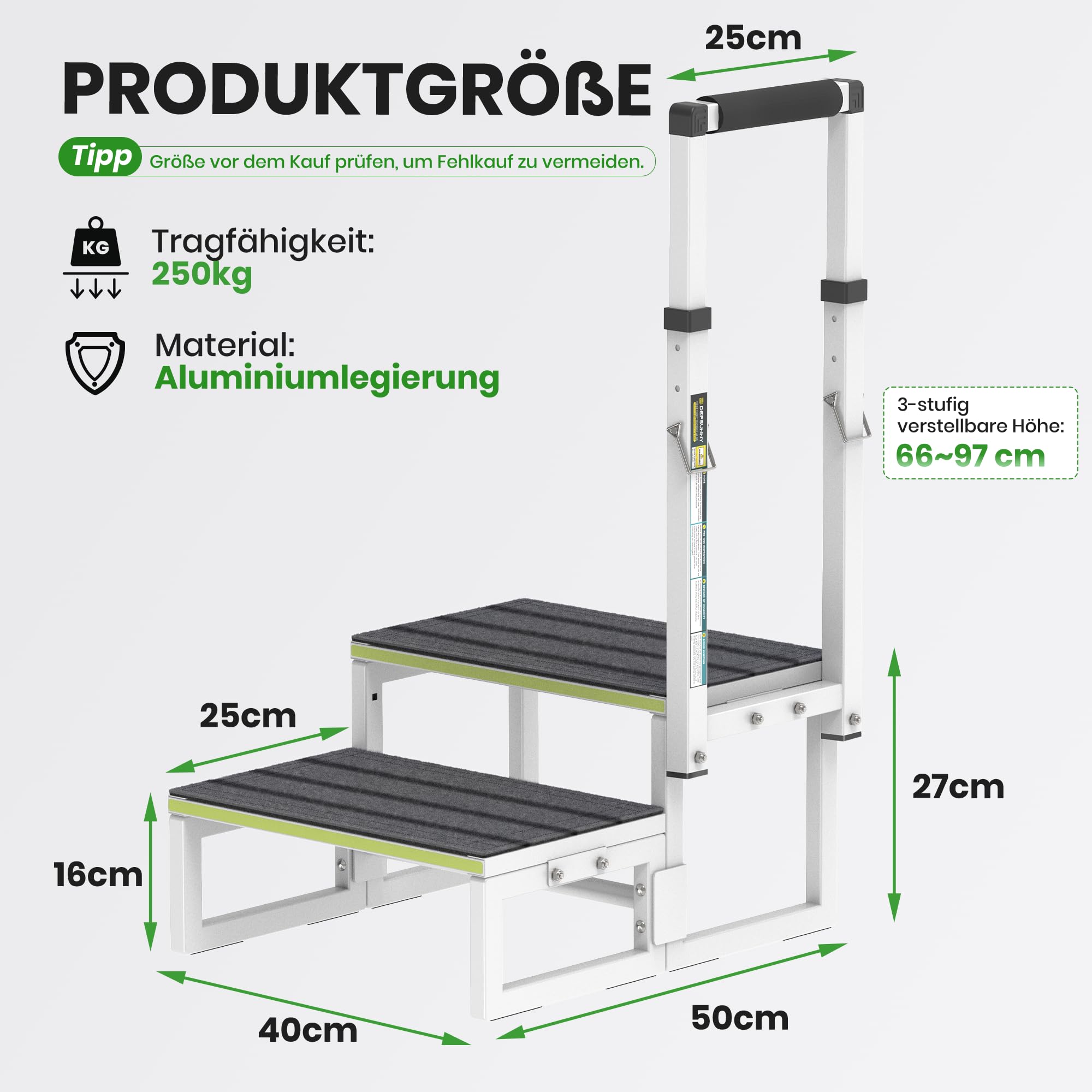 Trittleiter 2 Stufen aus Aluminium, verstellbarer Handlauf beidseitig, extra rutschfeste Trittflächen, 250 kg Tragfähigkeit – ideal für Wohnmobile, Küche & Haushalt