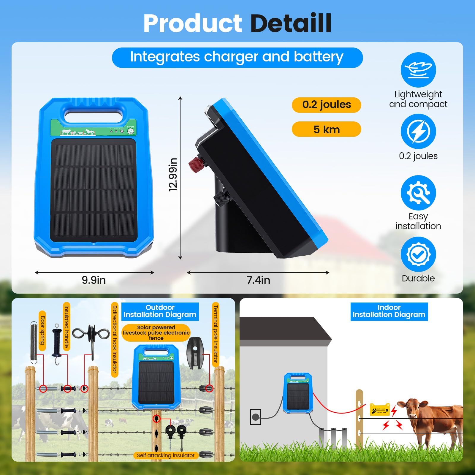 Pastor Eléctrico Solar 5KM, 0,2J Salida 8kV Impulso, Pastor Eléctrico con Panel Solar y Batería, IP55 Impermeable, Protección 24/7 para Ganado, Caballos, Aves de Corral