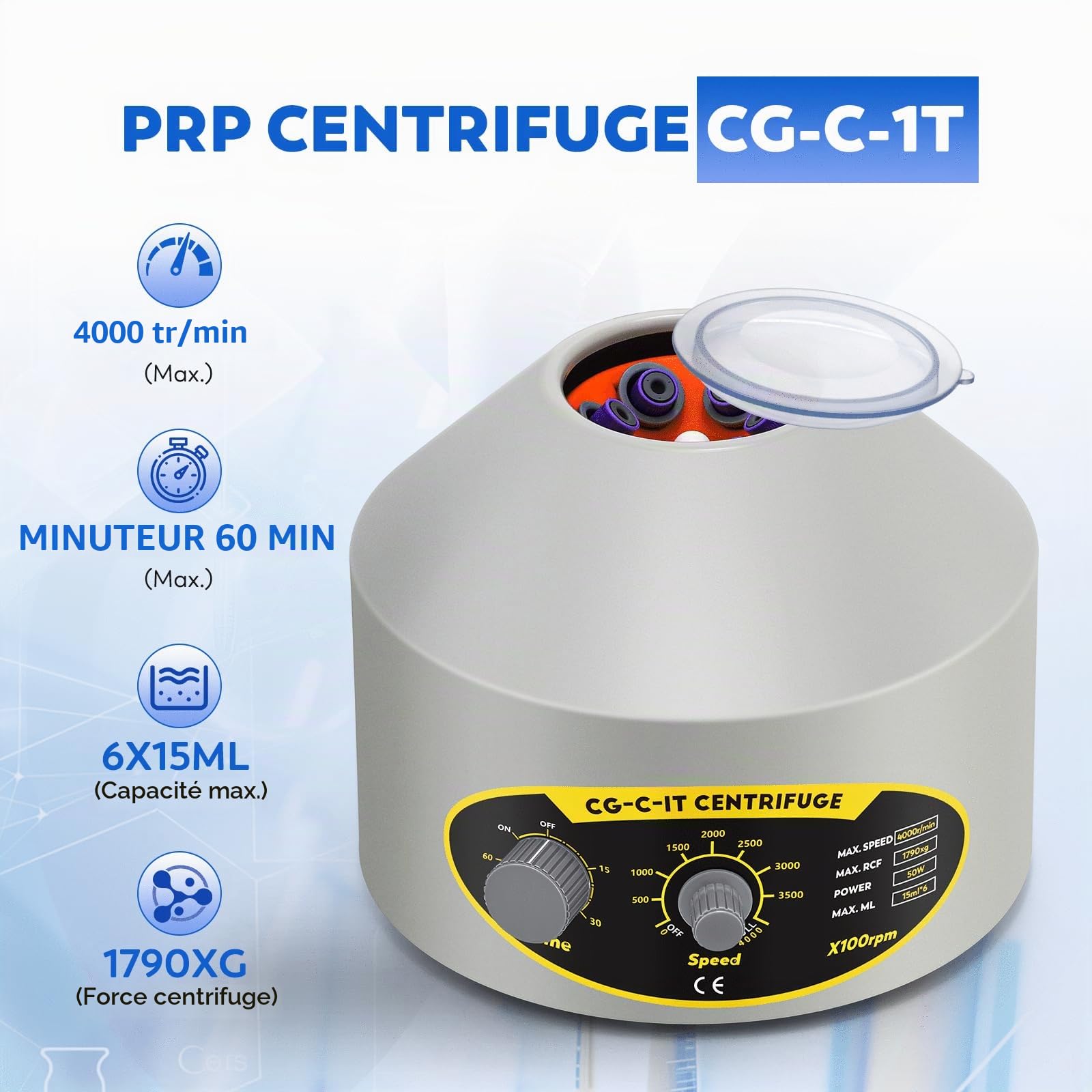 CGOLDENWALL Mini Centrifugeuse PRP PRF Laboratoire, 6x15ml, 4000rpm, 1790xg | Minuteur 60 Min, 2 Jeux de Adaptateurs, Faible Vibration, pour Tubes Vacutainer de 5/10 ml & Tubes à Centrifuger de 10/15 ml