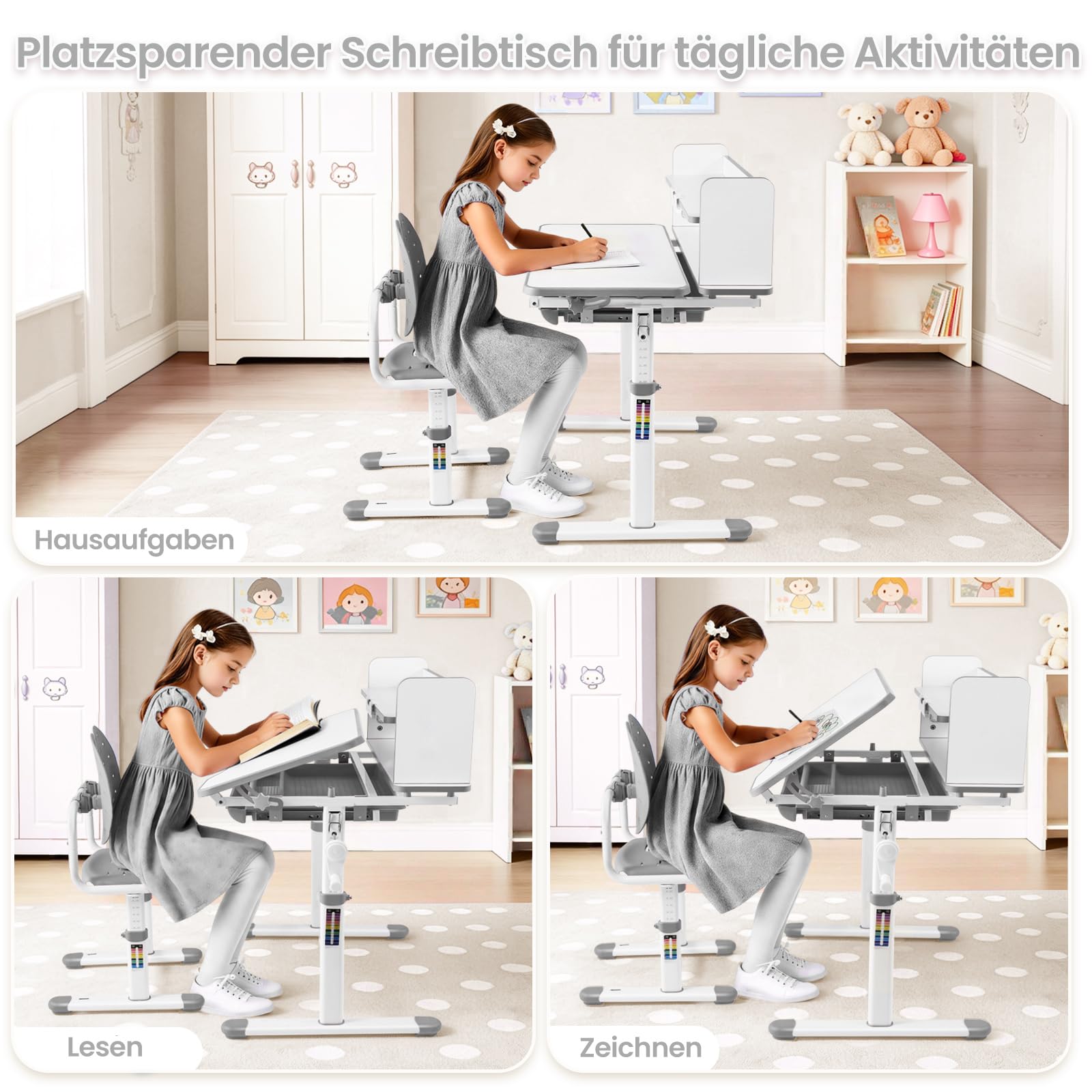 JOYLDIAS Kinderschreibtisch mit Stuhl höhenverstellbar, Kinder Schreibtisch Set mit Bücherregal, geteilter Rückenlehne, neigbarer Tischplatte 0–40°, Schublade und Haken, Grau