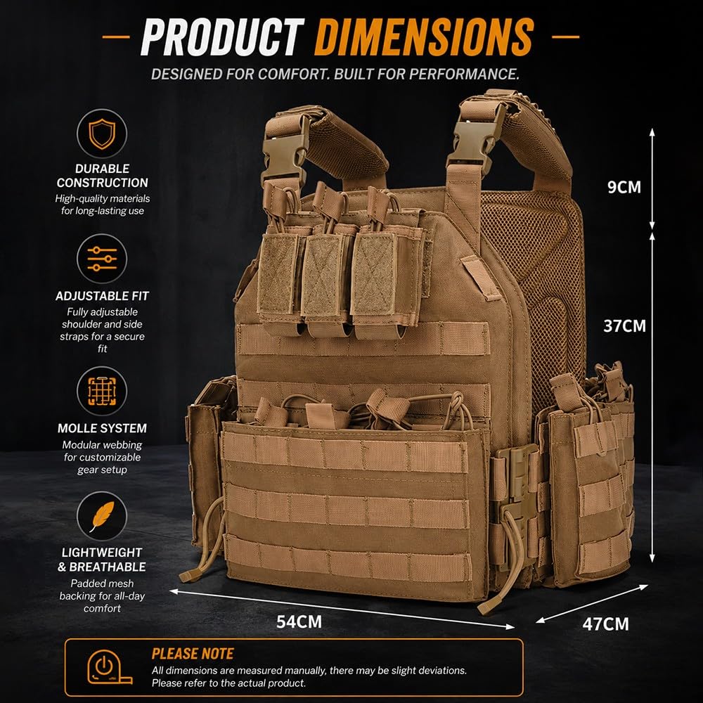 Chaleco Táctico Airsoft,Ajustable con Sistema MOLLE y Liberación Rápida, Chaleco Ligero con Bolsillos Modulares para Entrenamiento Outdoor Senderismo y Paintball