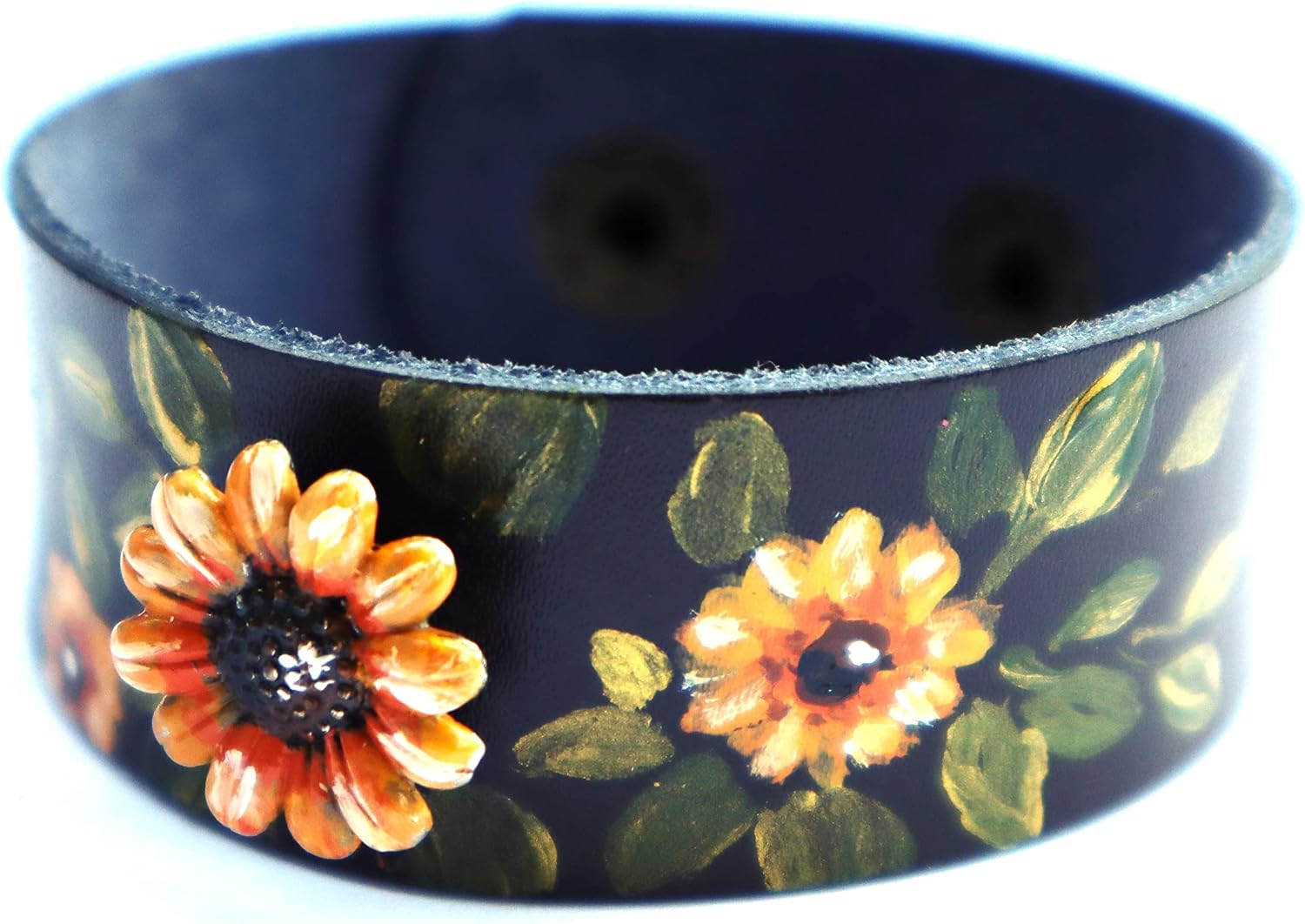 Adjustable Sunflower Stud Dark Brown Leather Cuff Bracelet with Artist Hand Painted Flowers Bohemian Accessories Boho Jewelry for Women Teen Girls