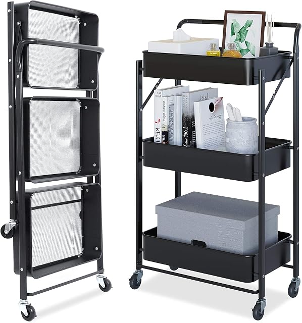 Dripex Storage Trolley Cart, 3 Tier Foldable Metal Rolling Organizer Cart with Casters, Mobile Utility Service Cart for Kitchen Bathroom Office Laundry (Black)