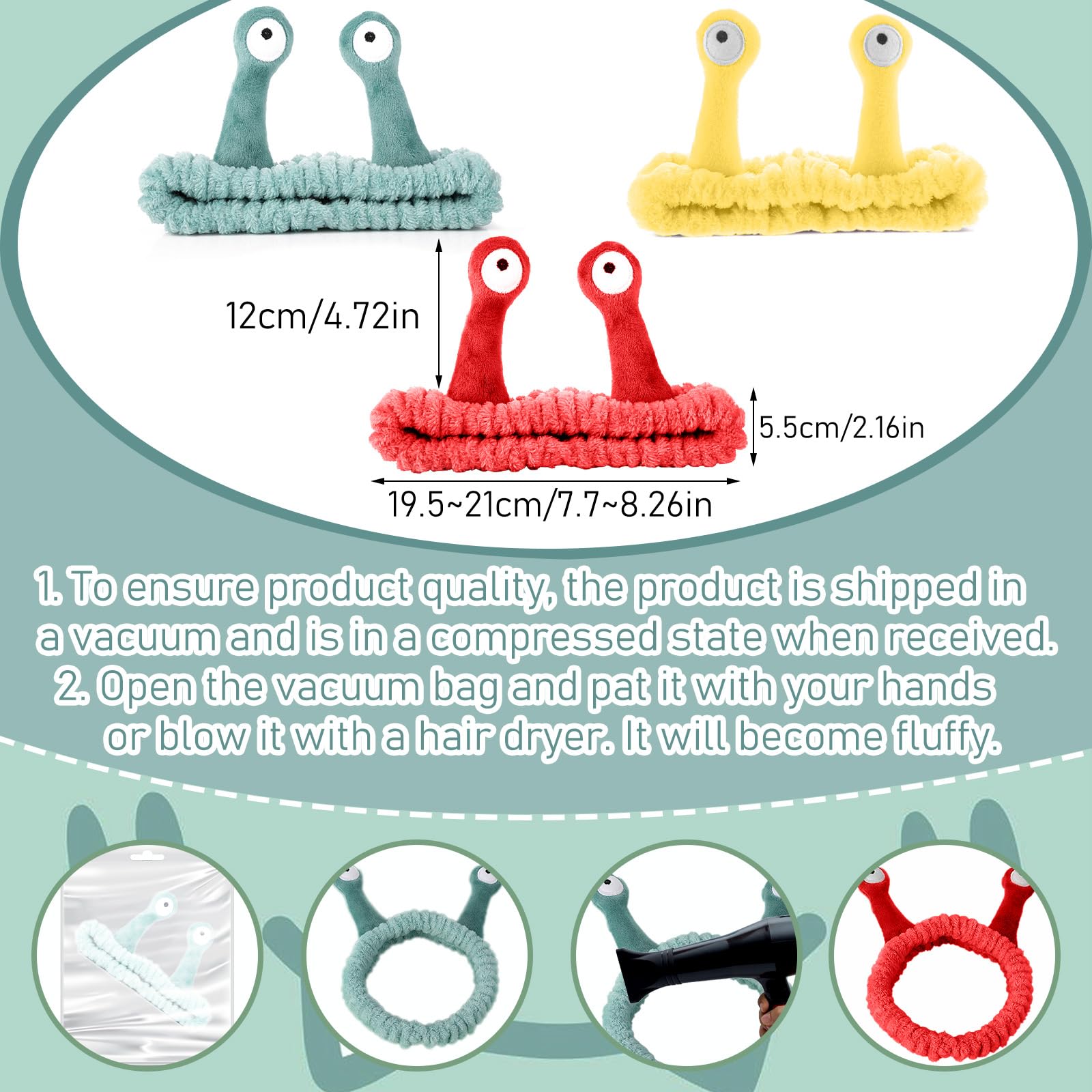 KFHENSOMR 3Pcs Face Wash Headband Snail Spa Hair Bands Cute Makeup Headbands Women Cartoon Creative Hair Accessories Elastic Coral Fleece Fun Gifts for Washing Face Shower Beauty Skincare - Image 2
