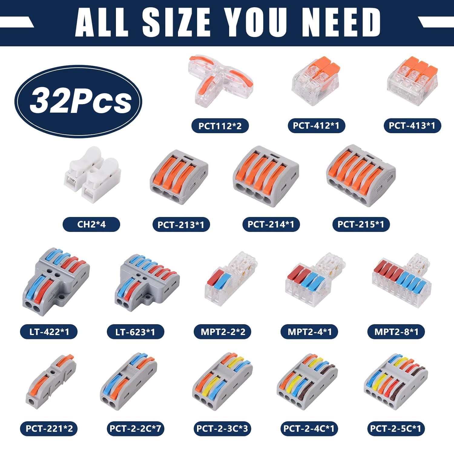 32 PCS Wire Connectors Kit a Set Compact Splicing Wire Connectors Fast Connection Terminal Electrical Connectors 1/2/3/4/5/6/8 Conductor Assortment Kit for Quick Connect 28-12 AWG (HWS-WC003)