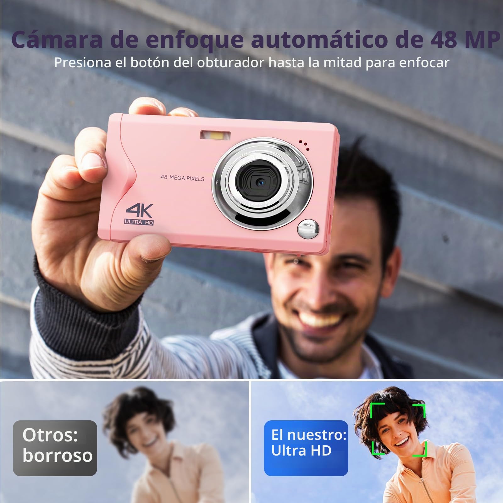 Cámara Digital CCN, 48MP 1080P FHD Cámara de Fotos con Pantalla de 3.0 Pulgadas, 16X Zoom Digital Cámara Compacta Portátil con 32GB Tarjeta TF, Cable USB, para Adolescentes Niños Adultos, Rosa