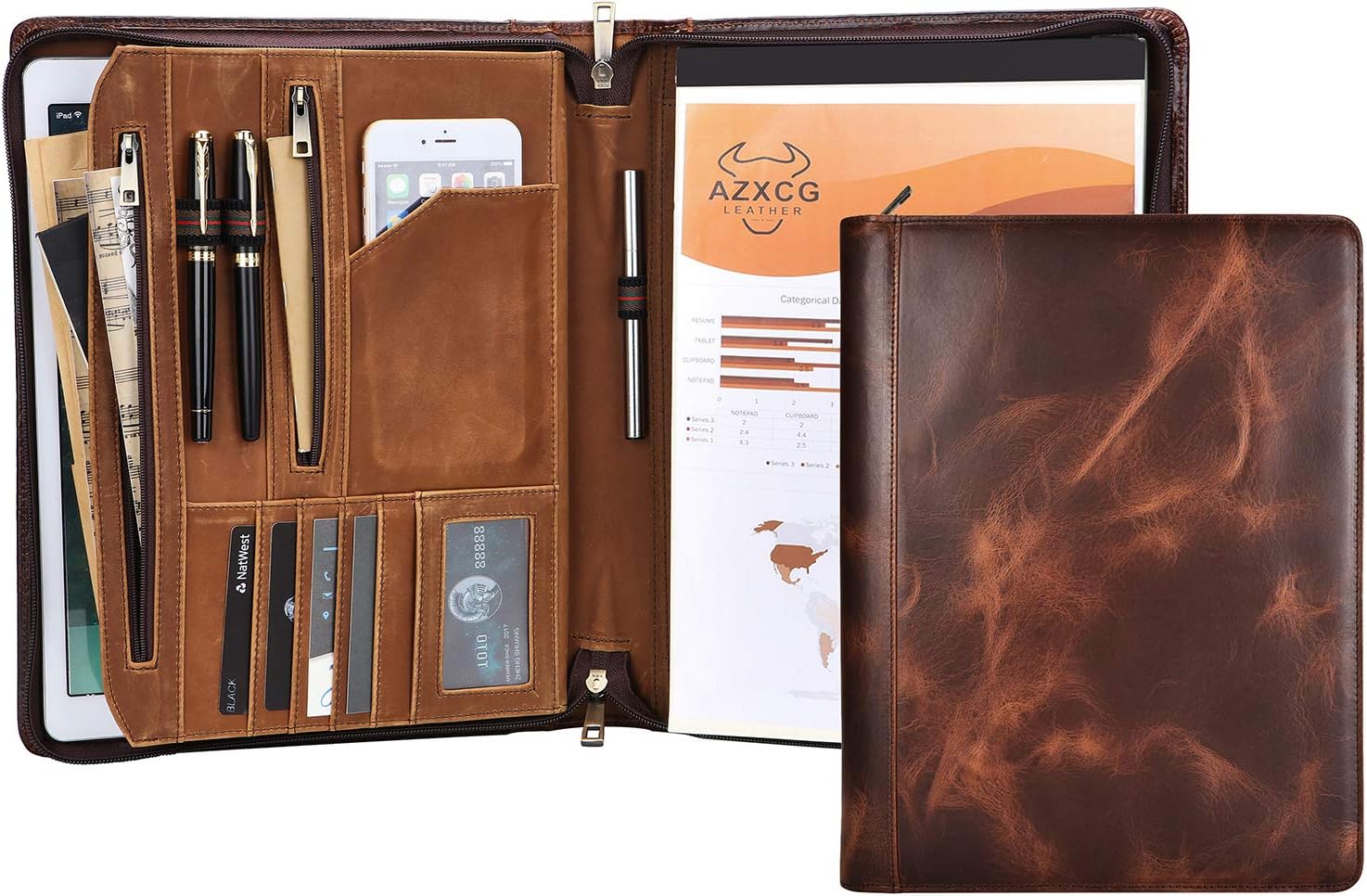 Free Name Engraved, Personalized Leather Portfolio Organizer, Handmade Resume Zippered Padfolio for Men, Professional Business Document Folio for A4 Writing Pad, Gift for Women, Customized, Oil Wax