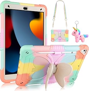 for iPad 9th 8th 7th Generation Case with Butterfly Wings Stand Shoulder Strap Key Chain Pencil Holder,iPad 10.2 Case Heavy Duty Rugged Cover Kids Girls for iPad 9th/8th/7th (2021/2020/2019)-Pink