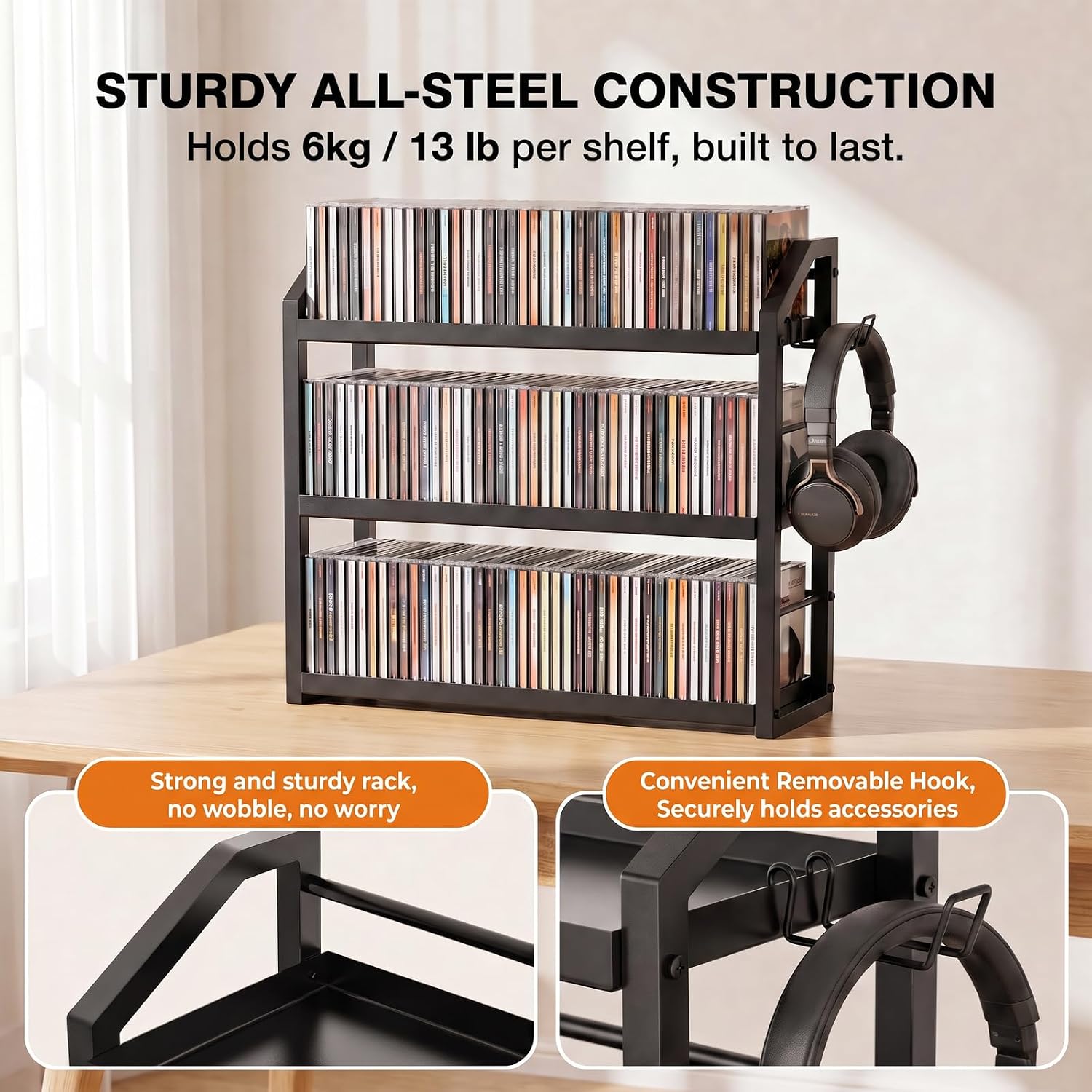 3-Tier CD Holder, Sturdy Steel CD Storage Rack for Display, Holds 125 CDs