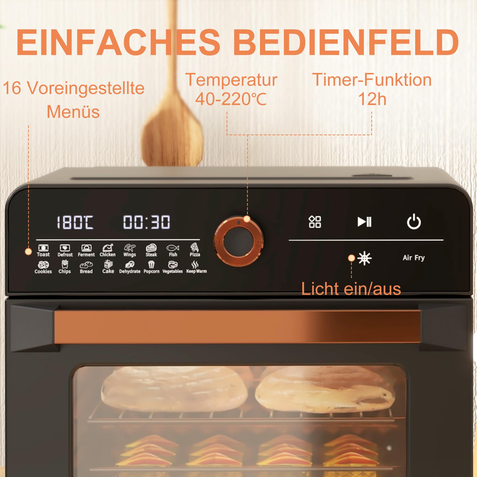 HOMCOM Mini forno a convezione 20L 3 in 1 Mini forno con griglia, teglia e vassoio per le briciole, friggitrice ad aria calda 40 °C-220 °C con cestello per frittura, timer, luce interna, 1400W,