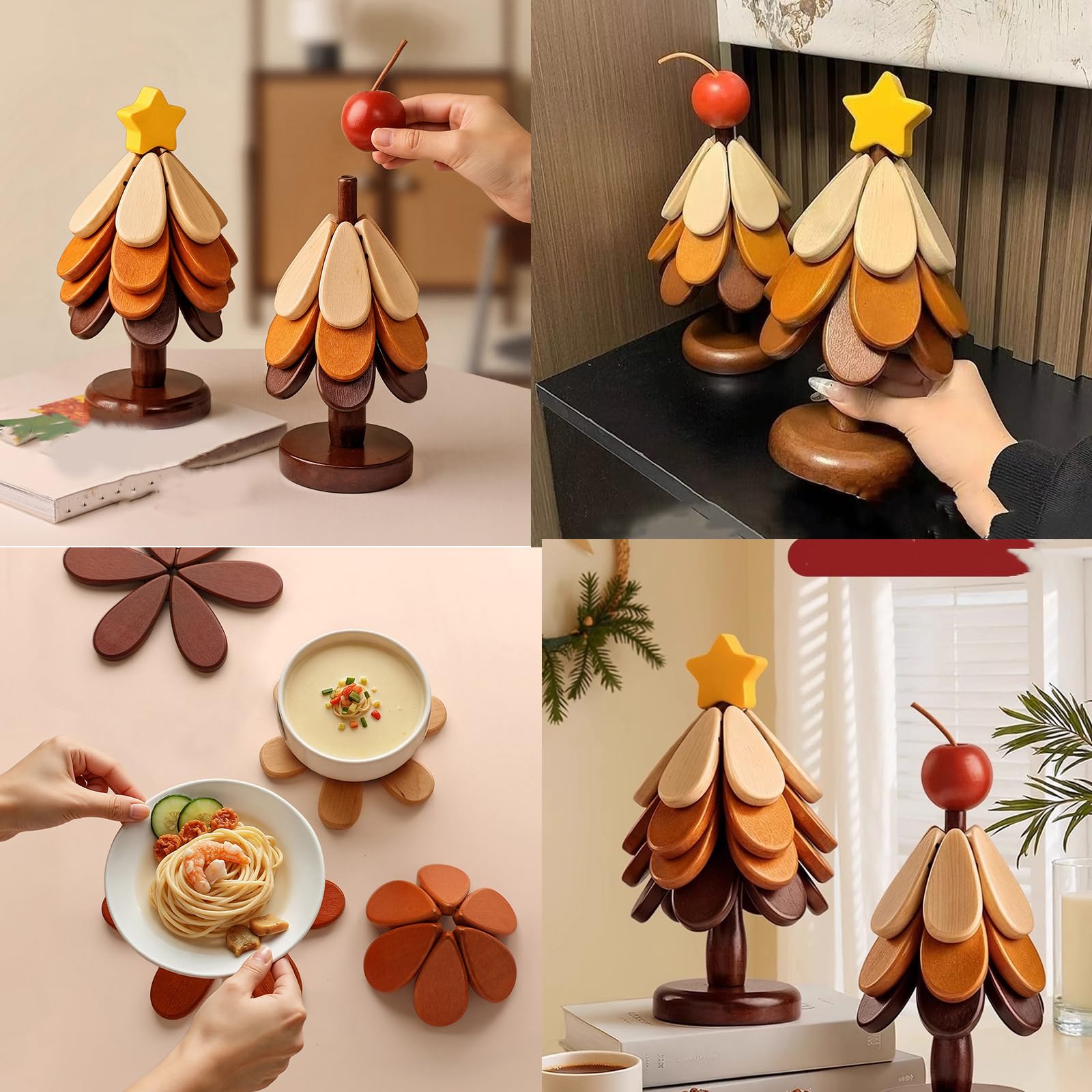 Juego de manteles individuales de Navidad, salvamanteles de madera, posavasos, salvamanteles de madera para platos calientes, soporte para sartén caliente, juego de salvamanteles para árbol de Navidad