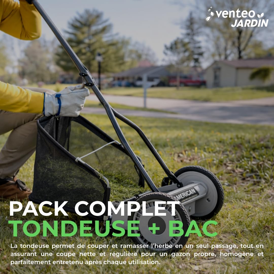 VENTEO Tondeuse Hélicoïdale Manuelle 45cm 5 Lames Bac Amovible Réglage Hauteur