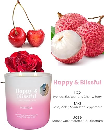 Miniatura 2 de M&SENSE Vela perfumada de lichi, cereza y rosa para el hogar, 14.1 onzas, 80 horas de duración, vela de aromaterapia no tóxica, 100% natural, de