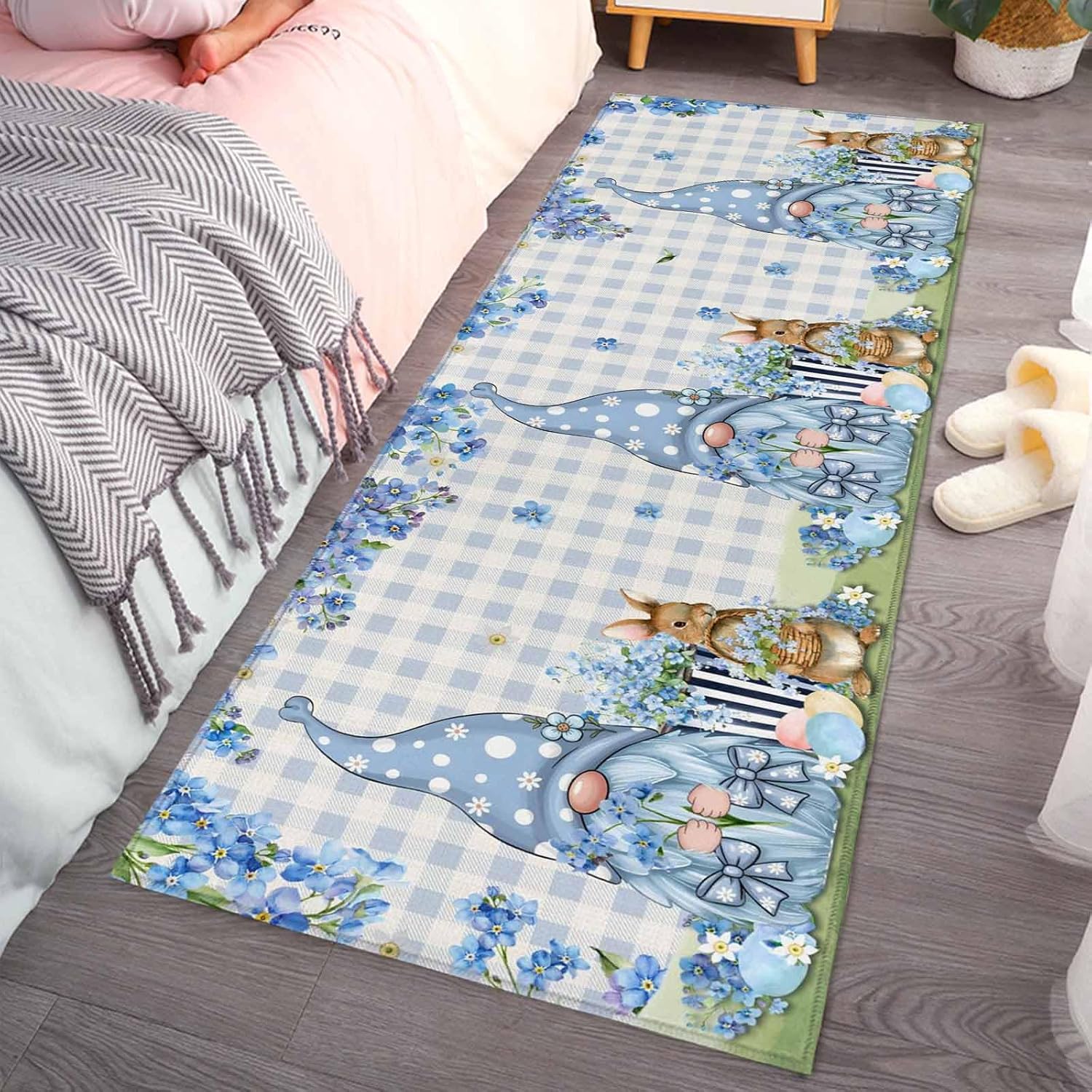 Teamery Kitchen Mats for Floor Spring Blue Gnome Flower Leaf Washable Non Slip Kitchen Rugs 1PCS, Easter Rabbit Buffalo Plaid Absorbent Standing Mats for Sink Bathroom Office Living Room 15.7x47.2in