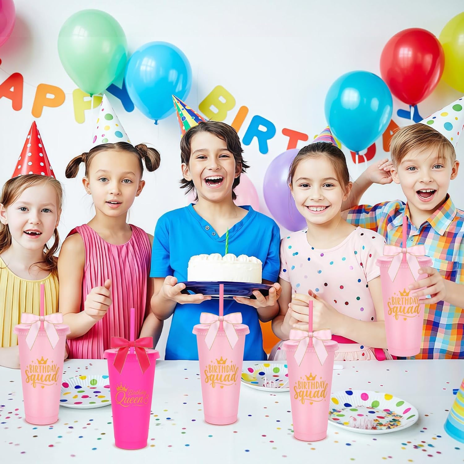 6 Set Birthday Squad Party Cup 24 oz Pink Plastic Tumbler for Girls Women