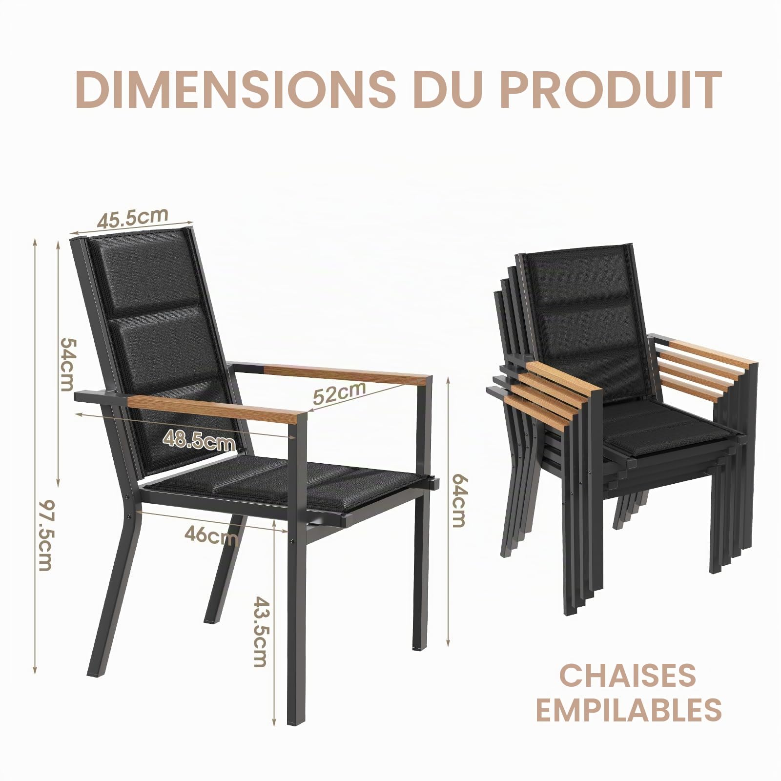 Devoko Ensemble De 2 Chaises De Jardin Exterieur, Chaise De Salle À Manger Empilable en Aluminium, Chaise Fauteuil, pour Le Jardin, La Piscine, La Terrasse, Meubles d'extérieu, Gris Foncé