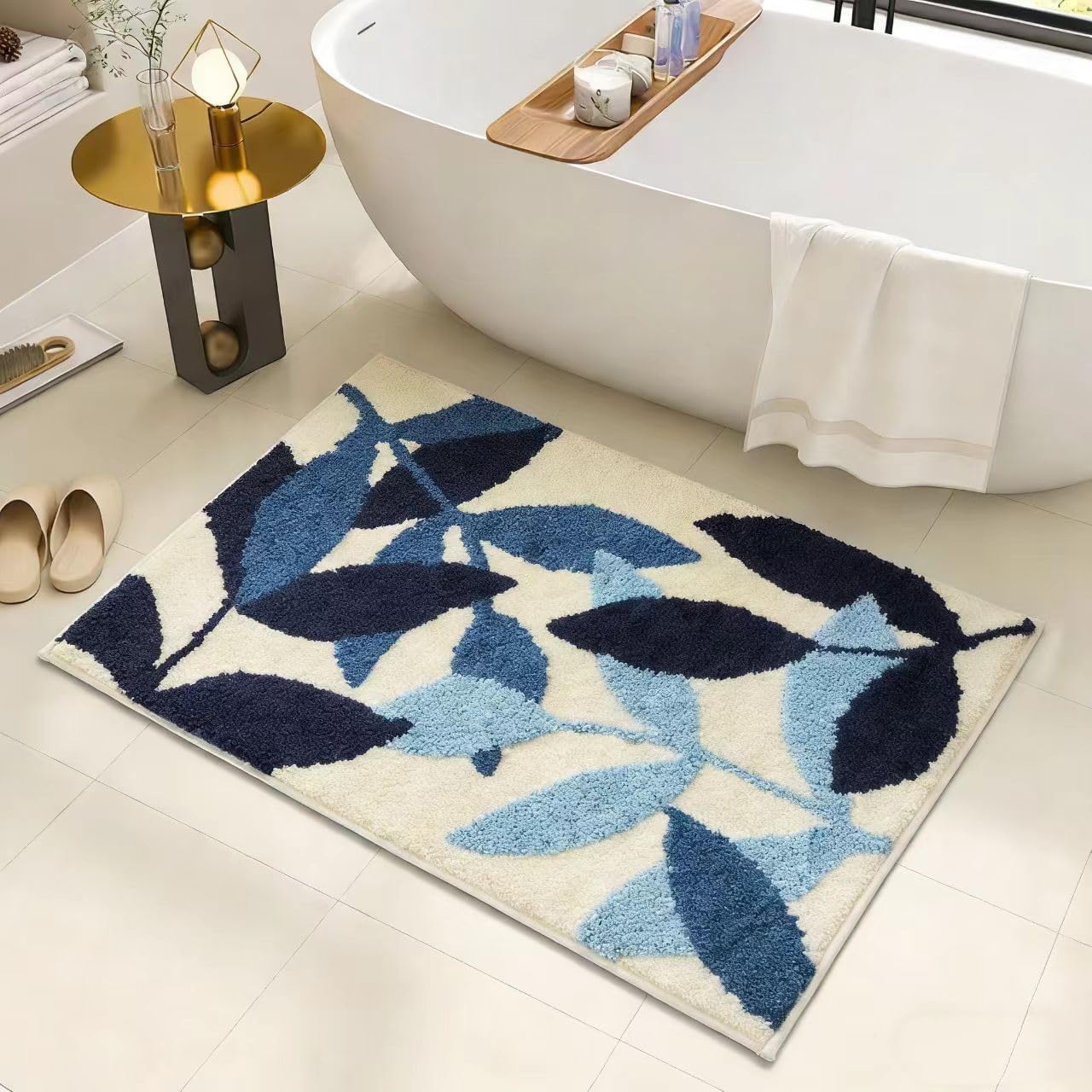 Bath Mat Leaves Blue Area Rug Non-Slip Soft Absorbent Bathroom Rugs Machine Washable Bath Rug Floor Carpet Entryway Door Mat for Tub Shower Decor 19.5 X 31.5 Inches