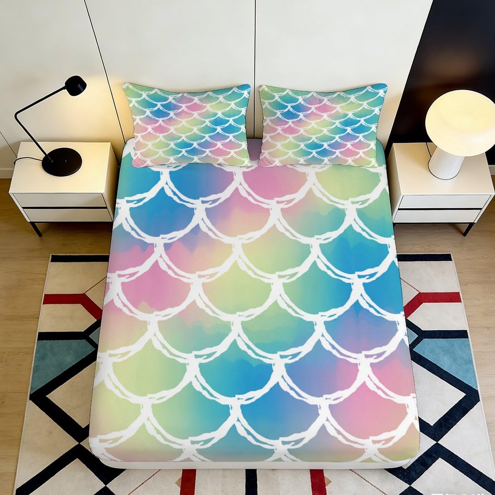 3D Printed Pastel Rainbow Scales Fitted Sheet Microfiber Soft Breathable Gradient Bed Cover for Bedroom Dormitory Guest Room Mattress Protection Decor 180x200x25cm