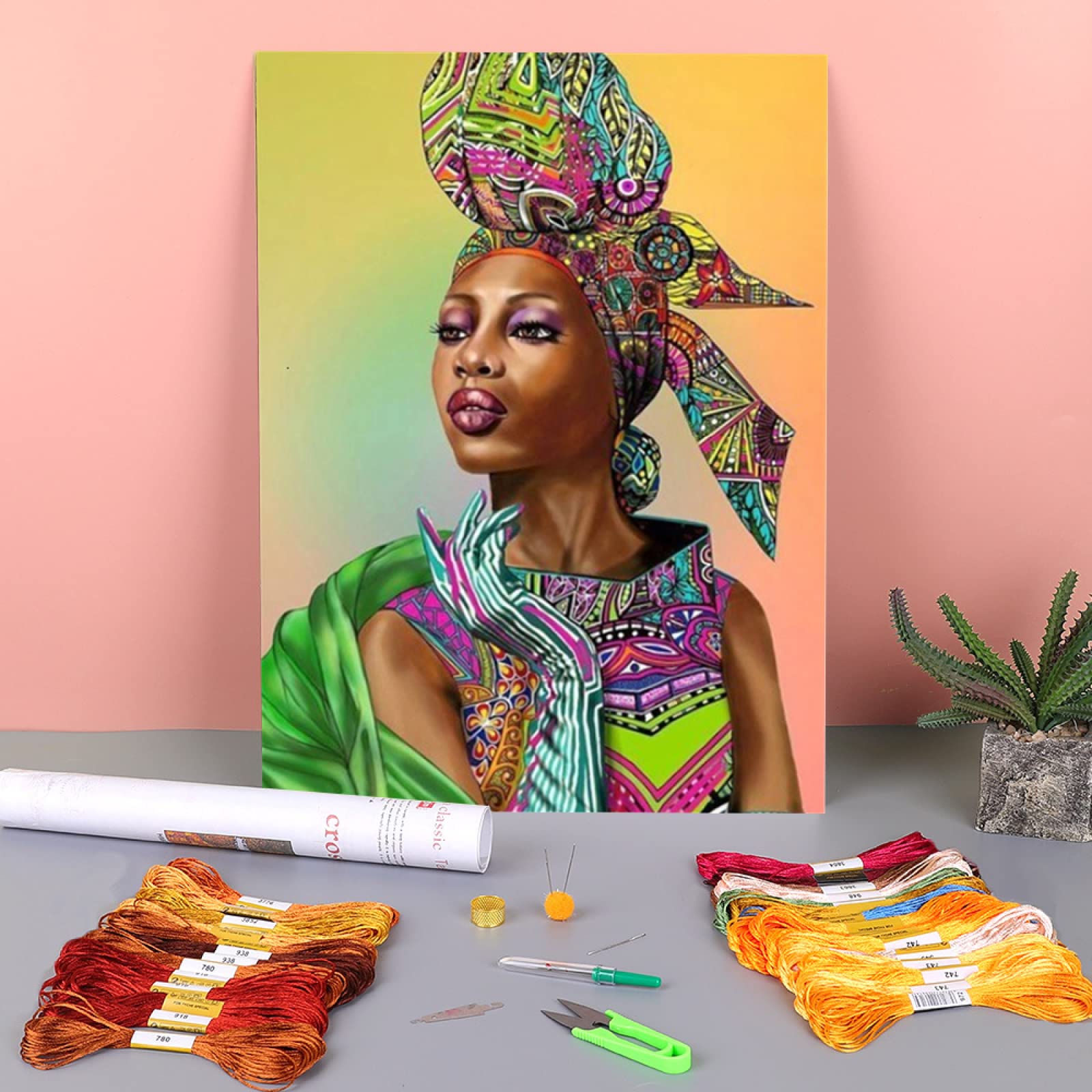 African Woman Printed Water-Soluble Canvas 11CT Cross Stitch DIY Embroidery Kit Threads Painting Needlework,30 * 40cm