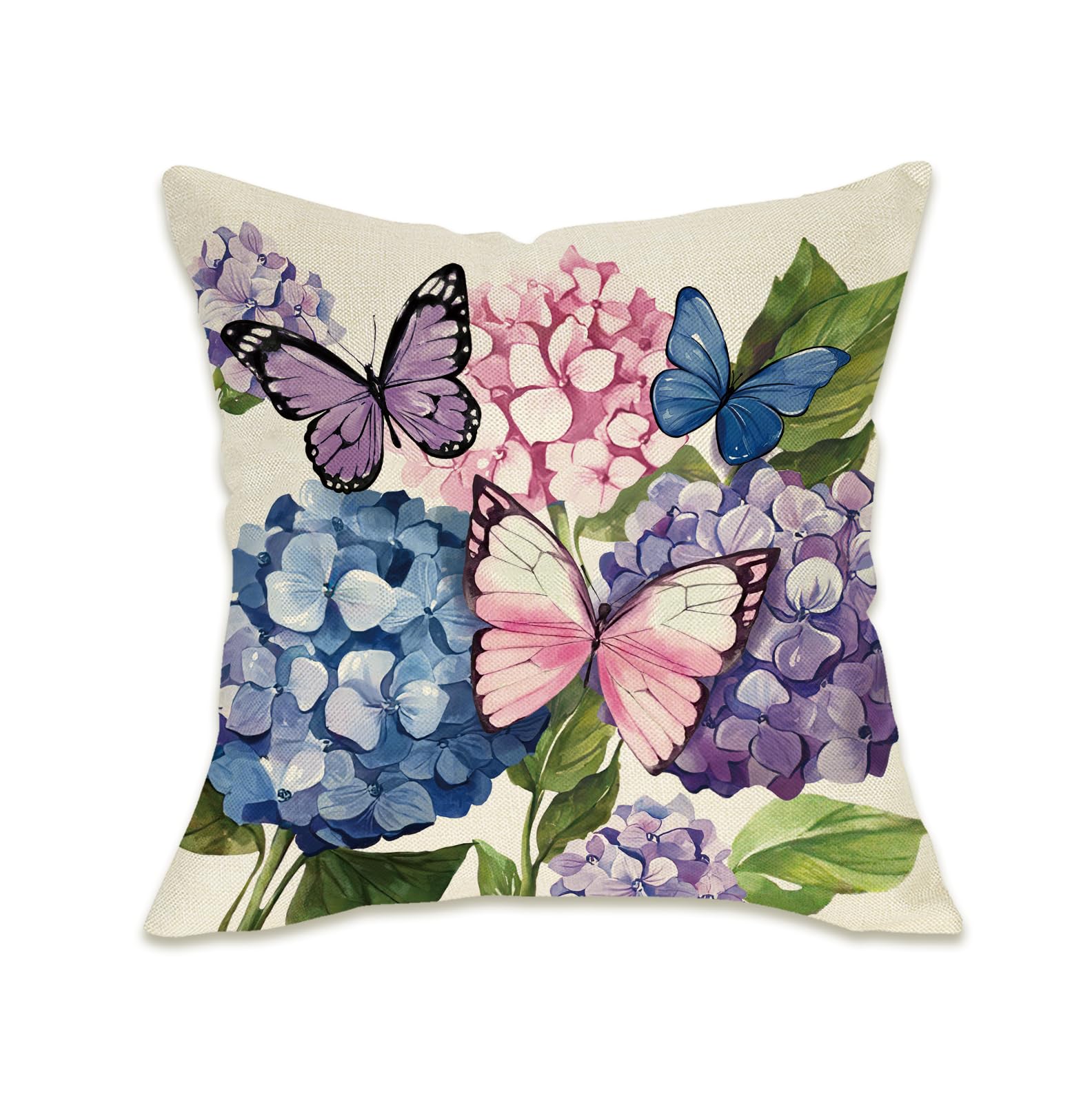 Fahrendom Spring Summer Hydrangea Decorative Throw Pillow Cover 18 x 18 Flower Butterfly Porch Patio Outdoor Pillowcase Floral