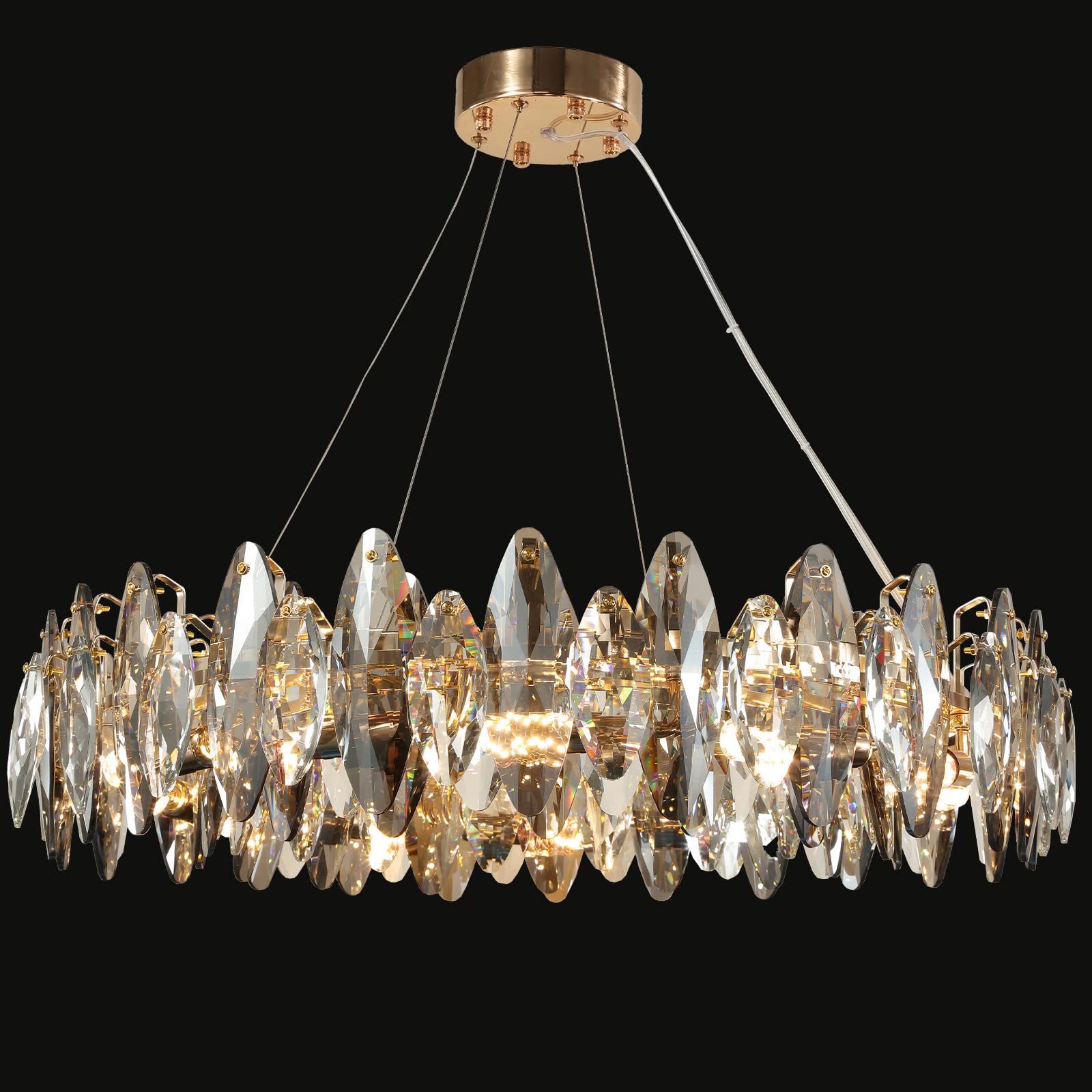 AHXIAOZN Modern LED Kristall Kronleuchter Luxus,Funkelnder Eiförmiger Kristall Deckenleuchte Gold,8xE14 Wohnzimmer Pendelleuchte,8-Flammig