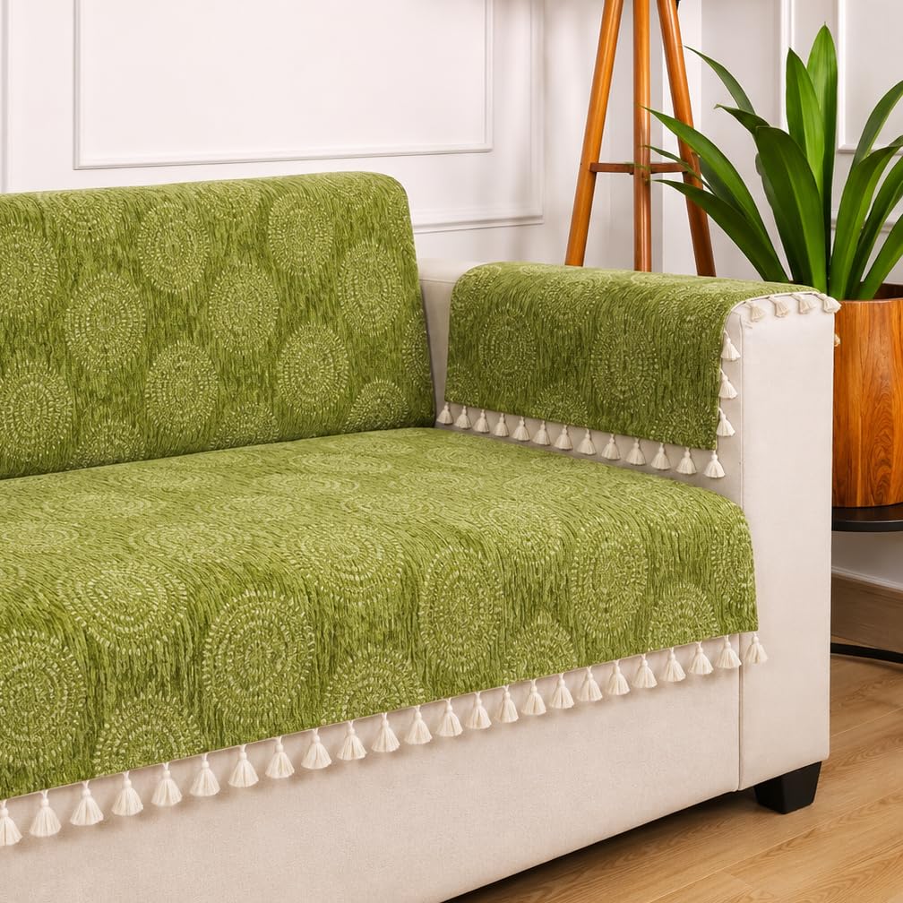 STITCHNEST Woven Fabric Sofa Cover 2 Seater with 2 Hand Rest Covers – Washable Green Sofa Cover with Tassels – Durable Premium Fabric – Stylish Sofa Protector for Living Room & Furniture Decor