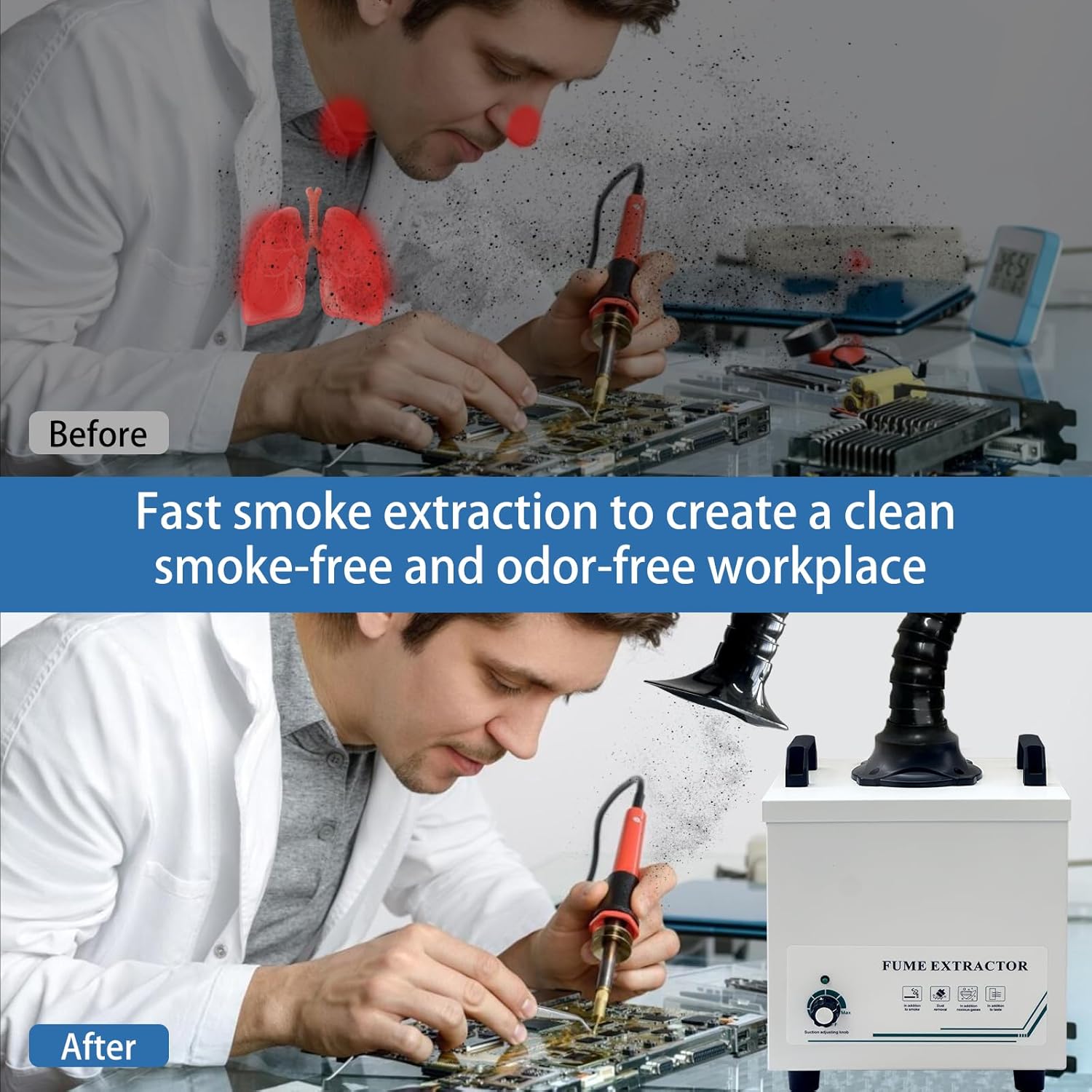 Solder Fume Extractor,100W Smoke Absorber with HEPA and Carbon Filter, Strong Suction 235m3/h,5 PCS Pre-Filter, Low Noise Soldering Fume Extractor for Laser Welding Soldering & 3D Printing