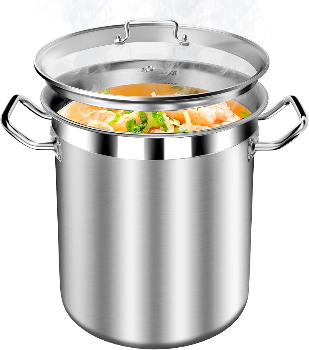STOCKPOT Stainless Steel Stock Pot with Lid – 24 Quart (6 Gallon) Heavy-Duty Cooking Pot for Soup, Stew, Pasta – Commercial & Home Use, Easy to Clean