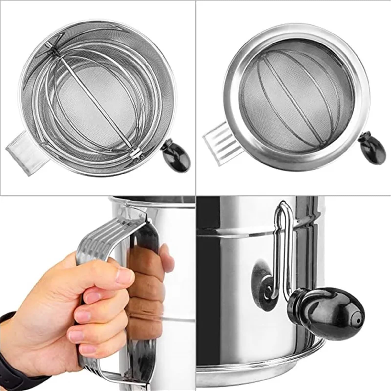 Mehlsieb 8 Tassen Edelstahl Halbautomatisches Hand-Mehlsieb Hand-Pulversieb in Tassenform Handgebackenes Puderzuckersieb(L)