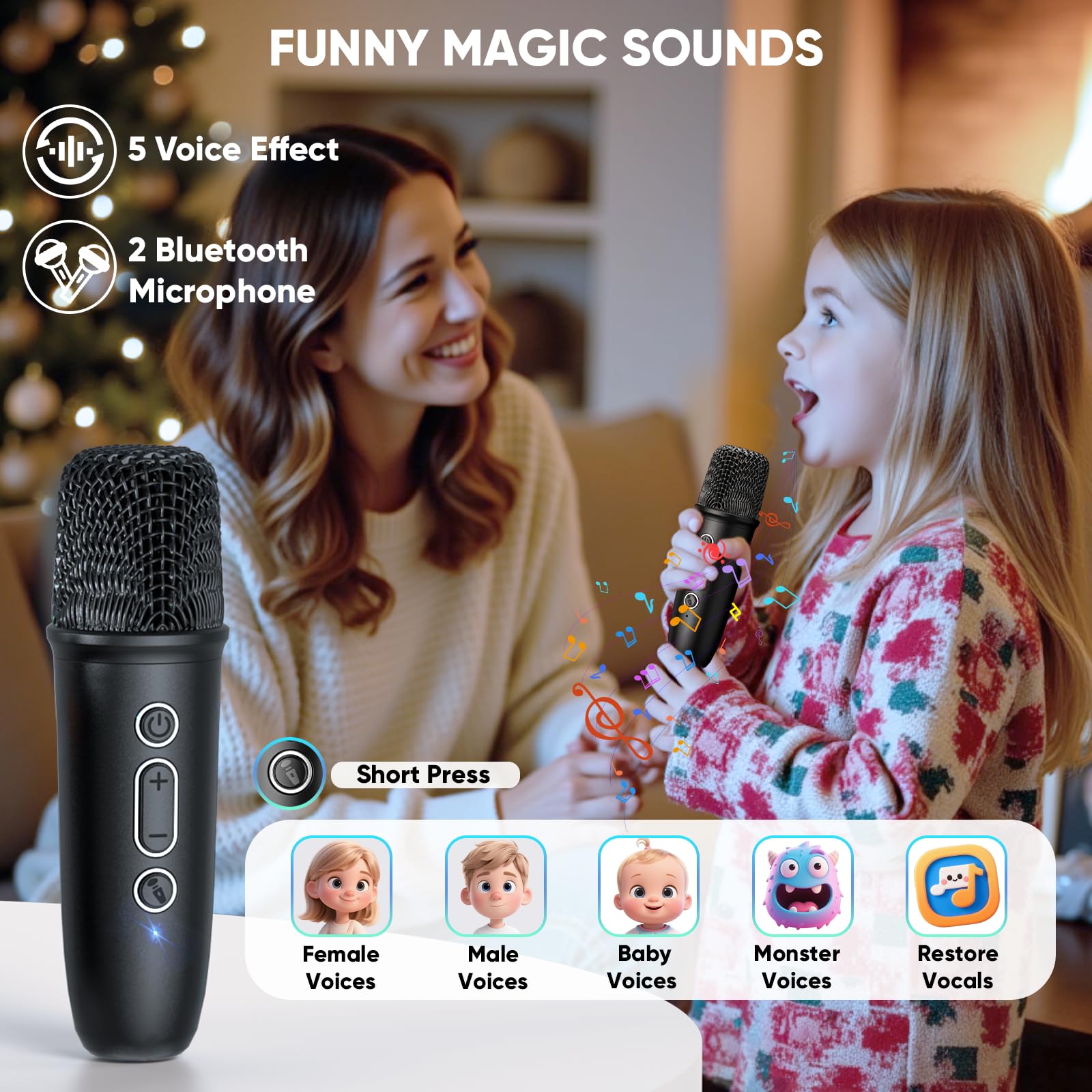 Karaoke con Microfono con Luci da Discoteca, Microfono Karaoke con 2 Microfono Bambini Adulti Cassa Bluetooth Portatile Giocattoli Regalo per Feste in Casa & Compleanno - Regali Natale Bambini