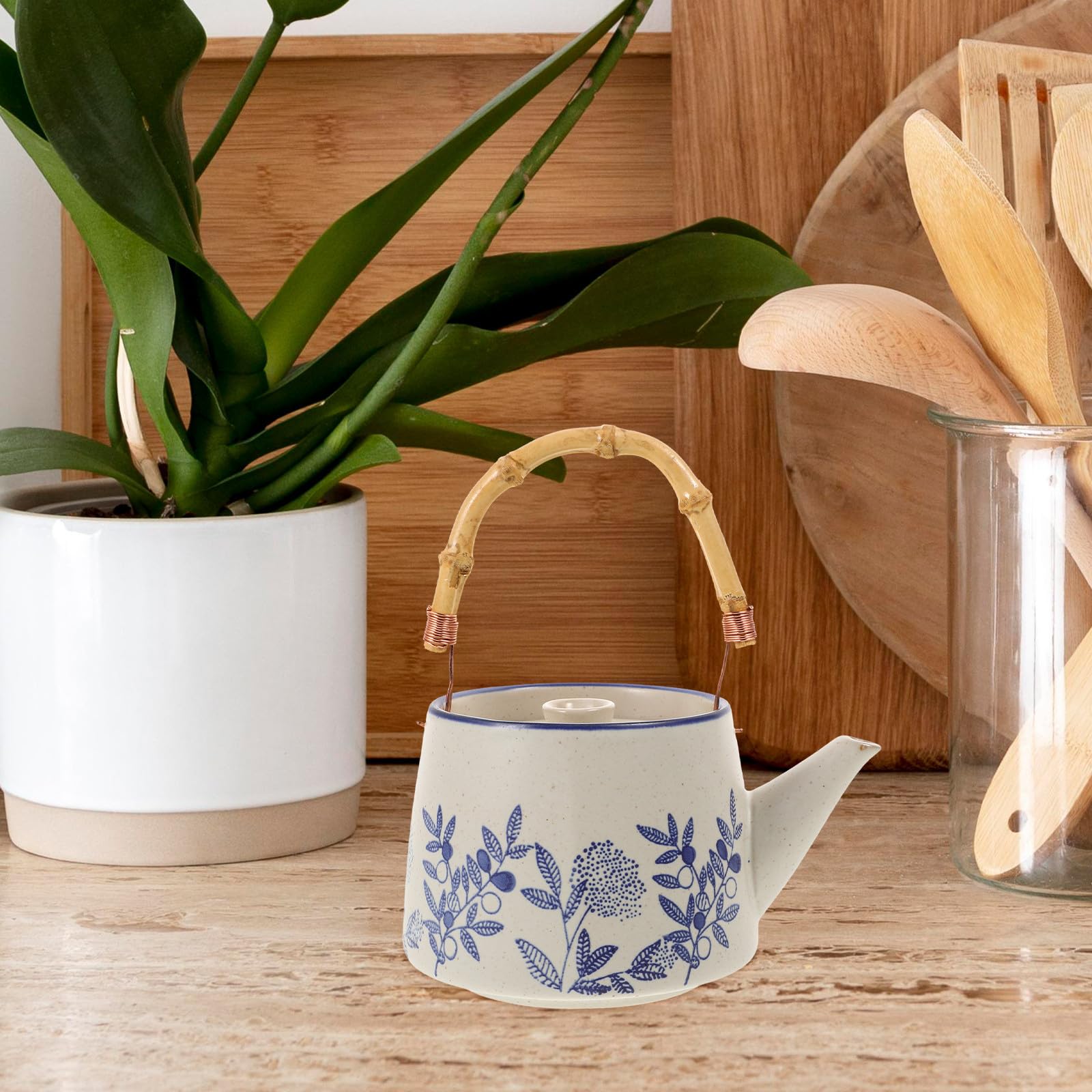 Tetera de Cerámica Vintage con Flores, Asa Portátil para Cocina