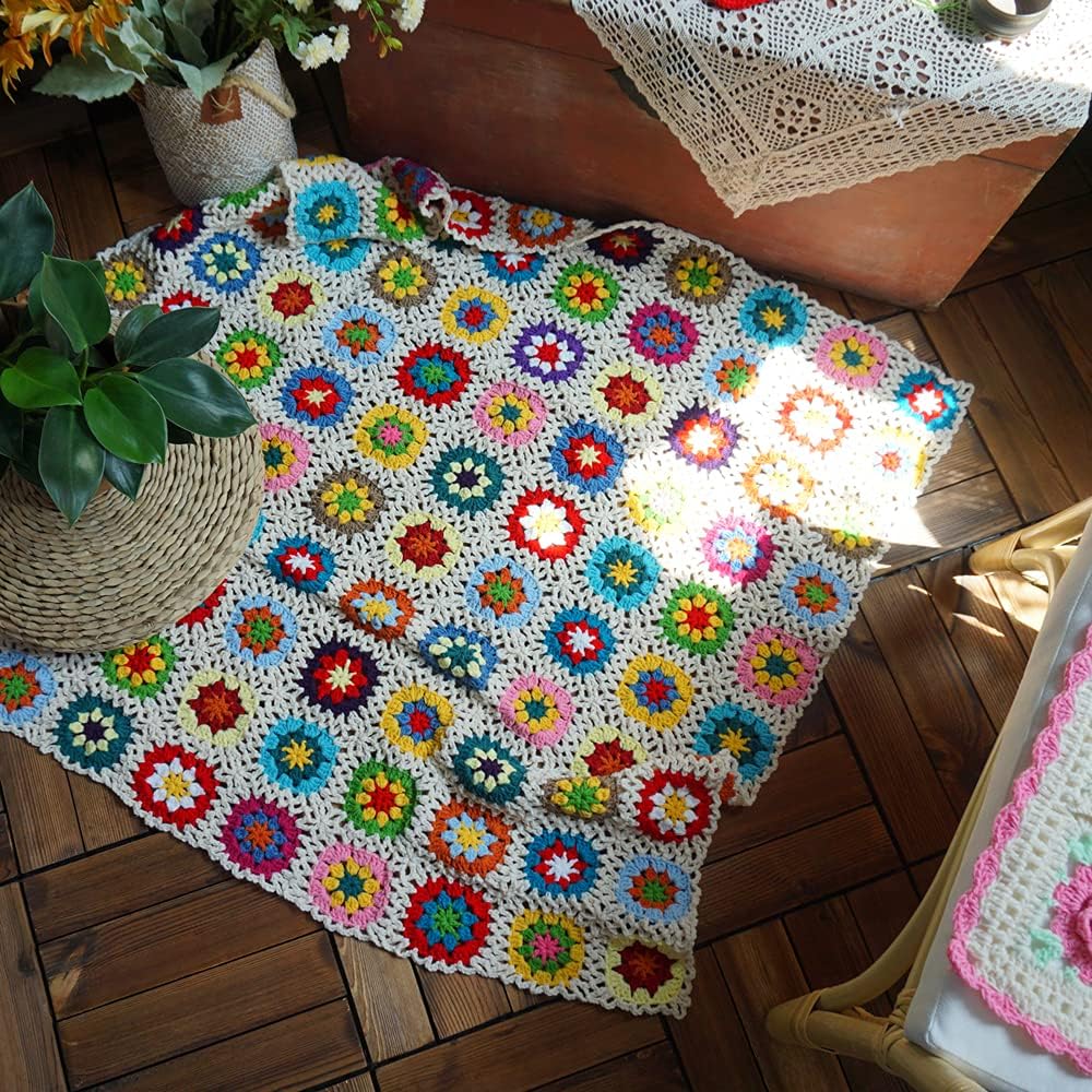 Handmade Crochet Throw Blanket,Boho Travel Accent Decor Throw for Sofa Comforter Couch Bed Recliner Living Room Bedroom Decor 39" x39"